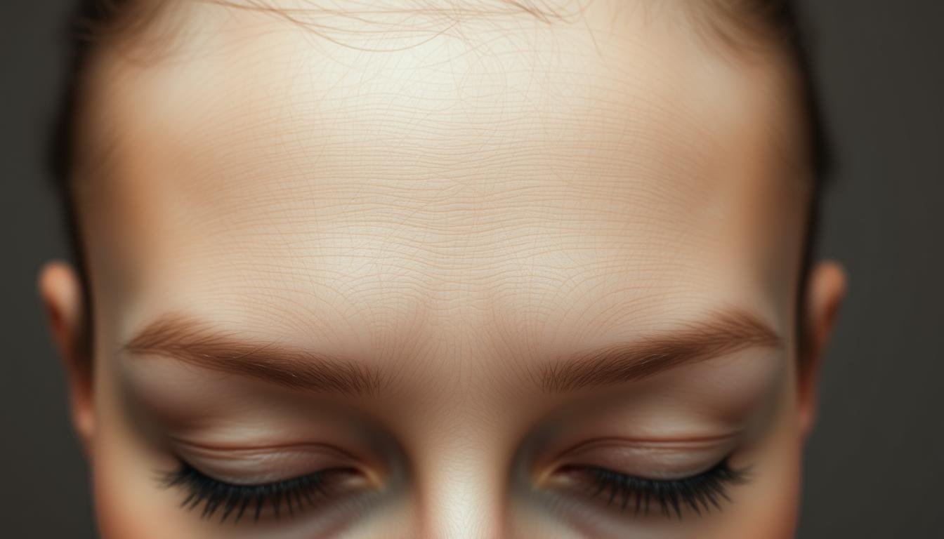 A serene, high-resolution close-up portrait of a woman's forehead, captured with a professional-grade camera and soft, diffused lighting. The skin is smooth and luminous, revealing intricate patterns of fine lines and creases across the brow, each one a unique expression of the subject's life experiences and inner wisdom. The lines converge and diverge in a mesmerizing rhythm, creating a visual tapestry that invites the viewer to study and interpret their meaning. The backdrop is a muted, neutral tone that allows the facial features to take center stage, highlighting the captivating, almost mystical essence of the forehead's physiognomy.