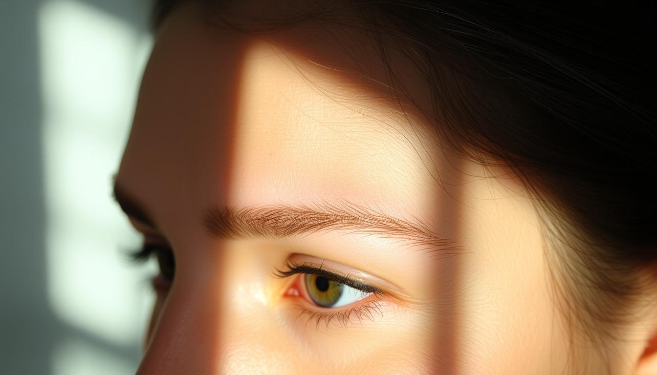 A serene, high-resolution portrait of a person's forehead, illuminated by soft, natural lighting that accentuates the intricate details of the skin and brow. The forehead is the focal point, occupying the majority of the frame, with a slight left-facing tilt to enhance the viewer's engagement. The expression is neutral, allowing the contours and lines of the forehead to take center stage. The background is softly blurred, creating a sense of depth and focus on the subject. The overall atmosphere conveys a sense of contemplation and analysis, reflecting the theme of "Forehead Analysis: Indicators of Wisdom and Prosperity."