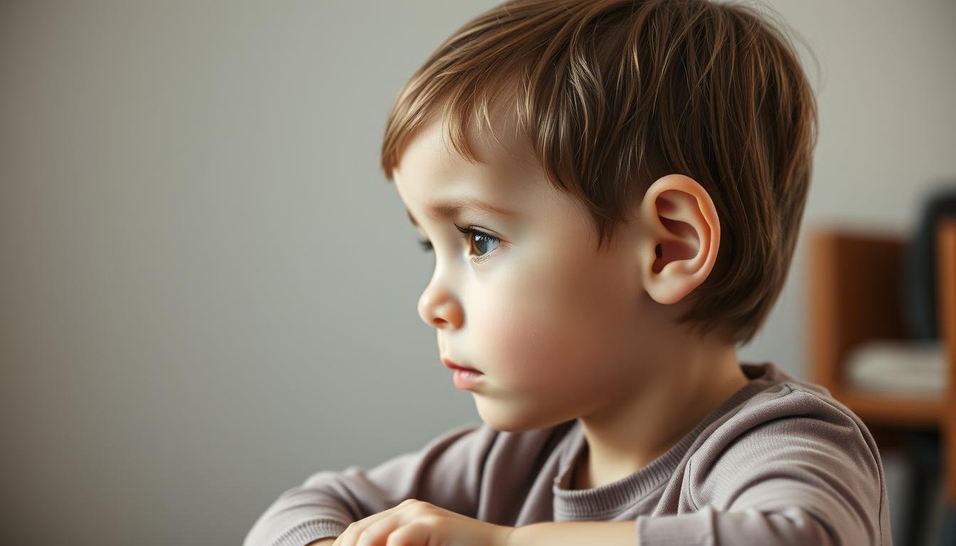 A serene indoor scene with a young child sitting at a desk, their ears prominently featured. Soft, diffused lighting illuminates their face, accentuating the shape and contours of their ears. The child's expression is one of attentiveness, suggesting a moment of focused learning or introspection. The background is a muted, neutral palette, allowing the subject to take center stage. The composition is balanced, with the child's head tilted slightly, drawing the viewer's gaze to the ears. Subtle details, such as the texture of the child's hair and the smooth, delicate skin around the ears, lend a sense of realism and intimacy to the scene. The overall mood is calming and contemplative, inviting the viewer to consider the significance of the child's ear shape and its potential connection to their development and well-being.
