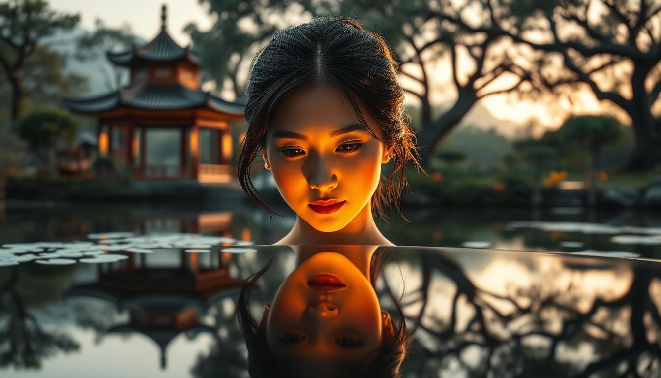 A serene landscape with a traditional Chinese garden, featuring a graceful woman gazing intently at her reflection in a tranquil pond. Soft, warm lighting illuminates her face, highlighting the subtle nuances of her features. In the background, a pagoda-style pavilion and ancient trees create a harmonious Feng Shui setting. The scene exudes a sense of balance, introspection, and the interplay between the physical and spiritual realms. The woman's poise and concentration embody the essence of face reading and its connection to the principles of Feng Shui.