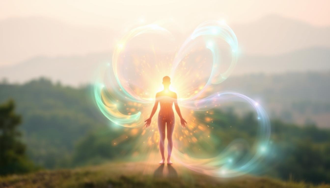 A serene, luminescent energy field enveloping a person, representing the harmonious connection between one's environment and social network. In the foreground, a figure stands tranquilly, radiating a warm, golden glow. Surrounding them, a swirling, ephemeral energy field in shades of emerald, azure, and lavender, symbolizing the synergistic forces of nature and human relationships. In the background, a softly blurred landscape of lush greenery and a calming, hazy sky, conveying a sense of balance and rejuvenation. The overall scene evokes a feeling of spiritual enlightenment and the unseen, yet powerful, influences that shape one's path to success.