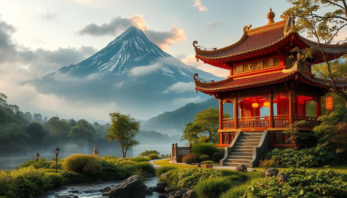 A serene, majestic landscape with a towering mountain in the background, its peak piercing the clouds. In the foreground, a tranquil garden with lush vegetation and a flowing stream, illuminated by soft, warm lighting. Nestled within the garden, an ornate, traditional Chinese pavilion stands, its intricate architecture and vibrant colors reflecting the wealth and prosperity symbolized by the "富貴父母緣" concept. The scene exudes an air of harmony, balance, and connection between the natural and the spiritual realms, evoking the auspicious and auspicious nature of the subject matter.