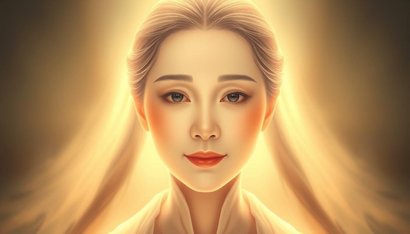 A serene, maternal figure with kind eyes and a warm, compassionate expression. She is surrounded by a gentle, glowing aura that emanates a sense of nurturing and unconditional love. Soft, diffused lighting illuminates her delicate facial features, capturing the essence of a traditional Chinese "Ci Mu" or "Loving Mother" archetype. The background is subtly blurred, allowing the viewer to focus on the woman's tranquil presence. Rendered in a classical, painterly style that evokes the timeless wisdom of traditional Chinese physiognomy. A serene, maternal figure with kind eyes and a warm, compassionate expression. She is surrounded by a gentle, glowing aura that emanates a sense of nurturing and unconditional love. Soft, diffused lighting illuminates her delicate facial features, capturing the essence of a traditional Chinese "Ci Mu" or "Loving Mother" archetype. The background is subtly blurred, allowing the viewer to focus on the woman's tranquil presence. Rendered in a classical, painterly style that evokes the timeless wisdom of traditional Chinese physiognomy.