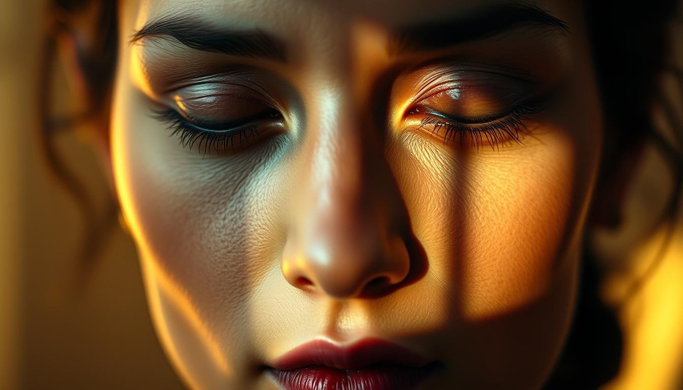 A serene, meditative face with deep, introspective eyes that gaze inward, revealing a profound understanding of the intricate connection between outward appearance and inner essence. The face is illuminated by a warm, diffused lighting that casts gentle shadows, highlighting the contours and subtle details that hint at the subject's spiritual journey. The background is softly blurred, creating a sense of focus and contemplation, as if the viewer is drawn into the subject's own profound exploration of the mysteries of physiognomy and destiny.