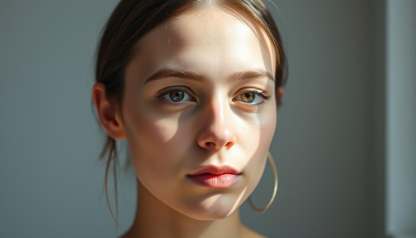 A serene, minimalist portrait of a person with a flat, broad forehead. Soft natural lighting gently illuminates the subject's calm, introspective expression, conveying a sense of gentle introversion. The focus is sharp on the face, with a shallow depth of field that subtly blurs the background. The overall mood is one of quiet contemplation and inner tranquility, reflecting the characteristics associated with a flat forehead physiognomy.