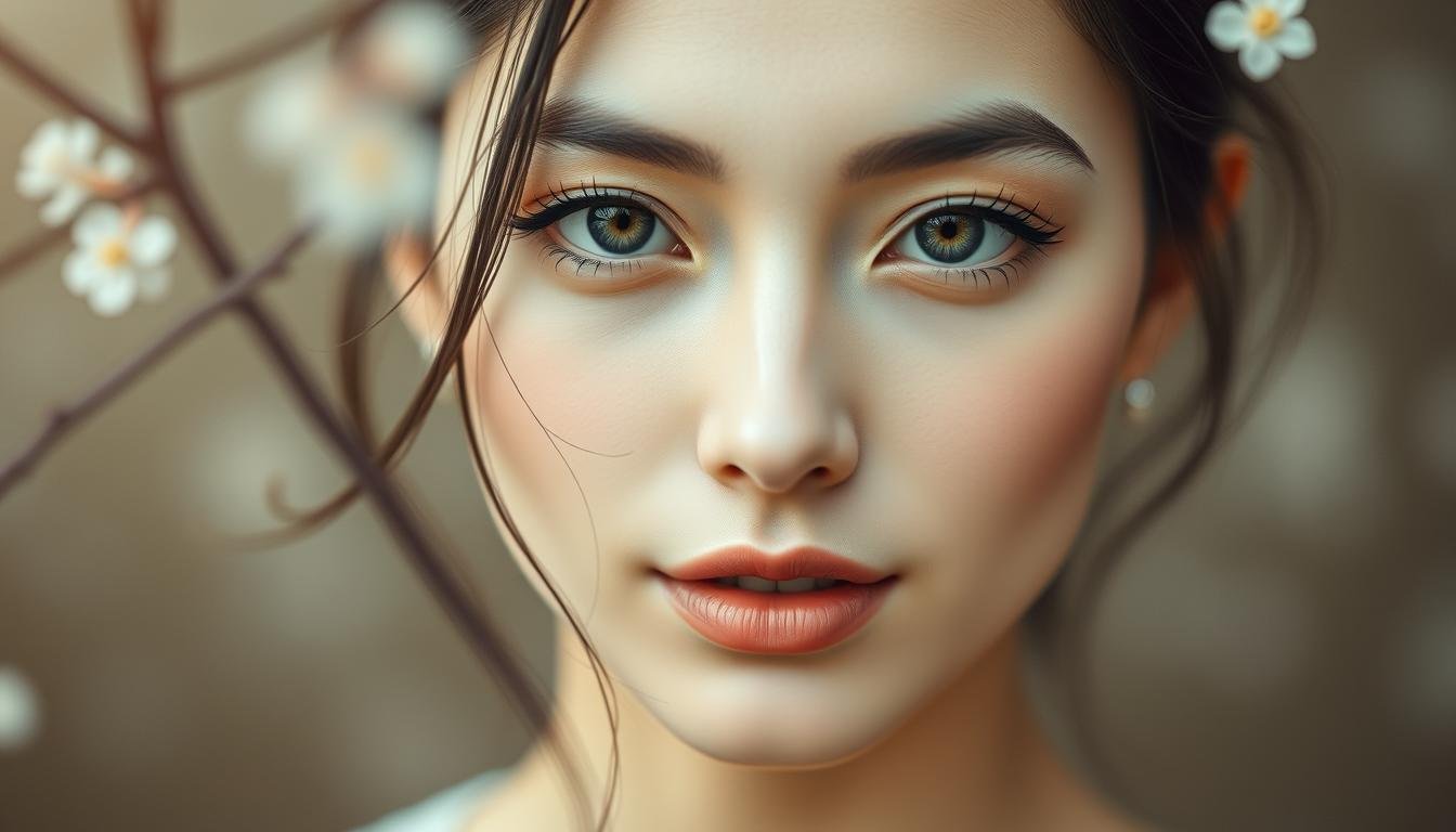 A serene, pastel-hued portrait of a woman with striking facial features. Her luminous skin, delicate bone structure, and expressive eyes convey an ethereal, almost otherworldly quality. The soft lighting and muted color palette create a sense of tranquility, highlighting the subject's introspective gaze and graceful demeanor. Subtle details like a wisp of hair framing her face and a hint of a gentle smile lend an air of mysterious allure. The composition is balanced, with the woman's face occupying the central focus, surrounded by a softly blurred background that suggests a tranquil, natural setting. This image aims to capture the essence of the "桃花運" concept - a blend of beauty, charm, and the intangible forces that shape one's romantic destiny.