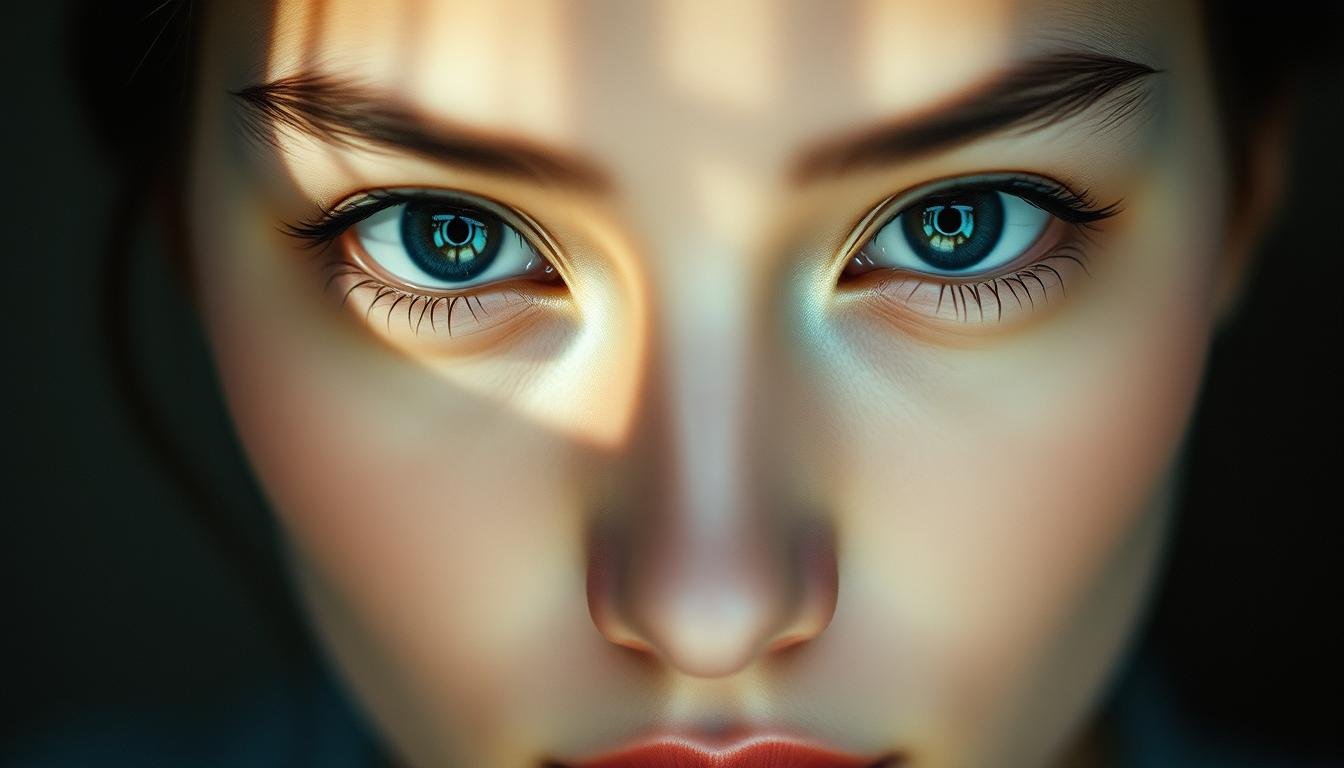 A serene, piercing gaze emanating from a woman's face, her eyes clear and expressive, conveying a sense of profound inner wisdom. Delicate features framed by soft, luminous lighting, creating a pensive, contemplative atmosphere. The image captures the essence of the section title, "眼睛清澈有神: 內在智慧的窗口," highlighting the deep connection between the clarity of the eyes and the depth of the subject's intellect and intuition. The composition emphasizes the face, with a shallow depth of field to draw the viewer's attention to the captivating eyes and serene expression. Subtle, muted tones and a sense of tranquility evoke a sense of introspection and self-reflection.