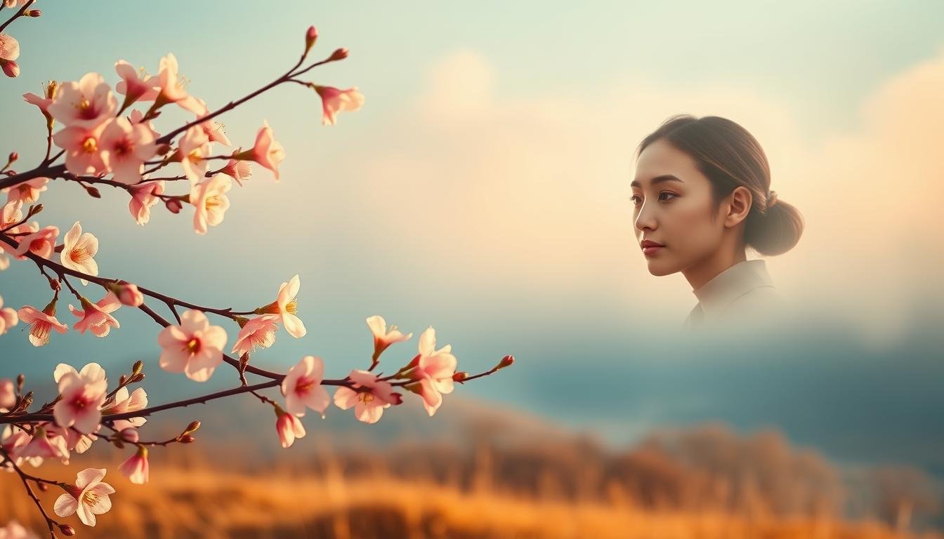 A serene scene depicting the contrast between the mystical, romantic notion of "桃花姻緣" (auspicious romantic destiny) and the pragmatic reality of "旺夫面相" (facial features indicative of a prosperous husband). In the foreground, a delicate peach blossom tree in full bloom, its soft, pastel-hued petals swaying gently in the breeze. In the middle ground, two faces in profile, one radiating an aura of confidence and wealth, the other expressing a more introspective, thoughtful demeanor. The background is a misty, ethereal landscape, hinting at the mystical and fated elements of relationships. Warm, golden lighting illuminates the scene, creating an atmosphere of tranquility and contemplation. A serene scene depicting the contrast between the mystical, romantic notion of "桃花姻緣" (auspicious romantic destiny) and the pragmatic reality of "旺夫面相" (facial features indicative of a prosperous husband). In the foreground, a delicate peach blossom tree in full bloom, its soft, pastel-hued petals swaying gently in the breeze. In the middle ground, two faces in profile, one radiating an aura of confidence and wealth, the other expressing a more introspective, thoughtful demeanor. The background is a misty, ethereal landscape, hinting at the mystical and fated elements of relationships. Warm, golden lighting illuminates the scene, creating an atmosphere of tranquility and contemplation.