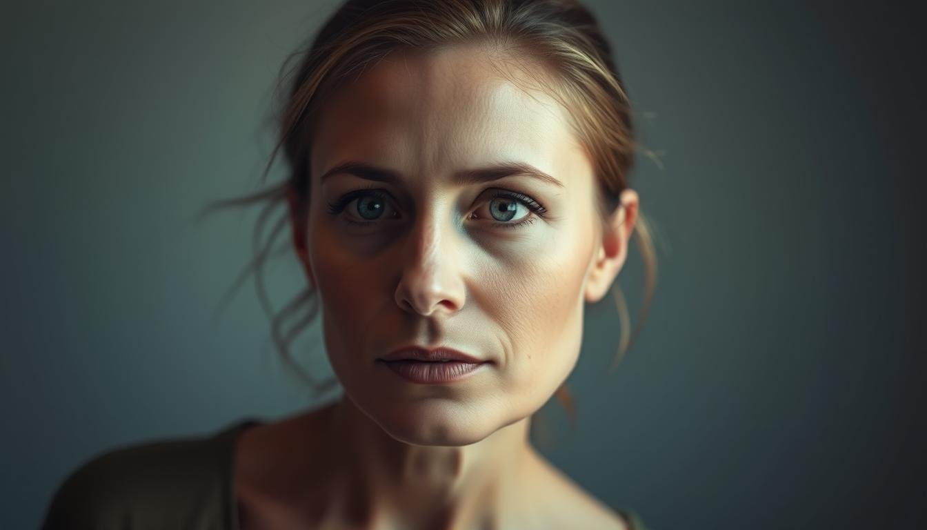 A serene, softly-lit portrait of a woman with an ethereal, thoughtful expression. Her face is the focal point, accentuated by subtle highlights and gentle shadows that bring out the delicate features and intricate details of her physiognomy. The background is a muted, calming palette that complements the contemplative mood, allowing the viewer to focus on the subject's face and the sense of tranquility it conveys. The overall composition is balanced and harmonious, evoking a sense of inner wisdom and the potential for personal growth through an understanding of one's facial features and their associated meanings.