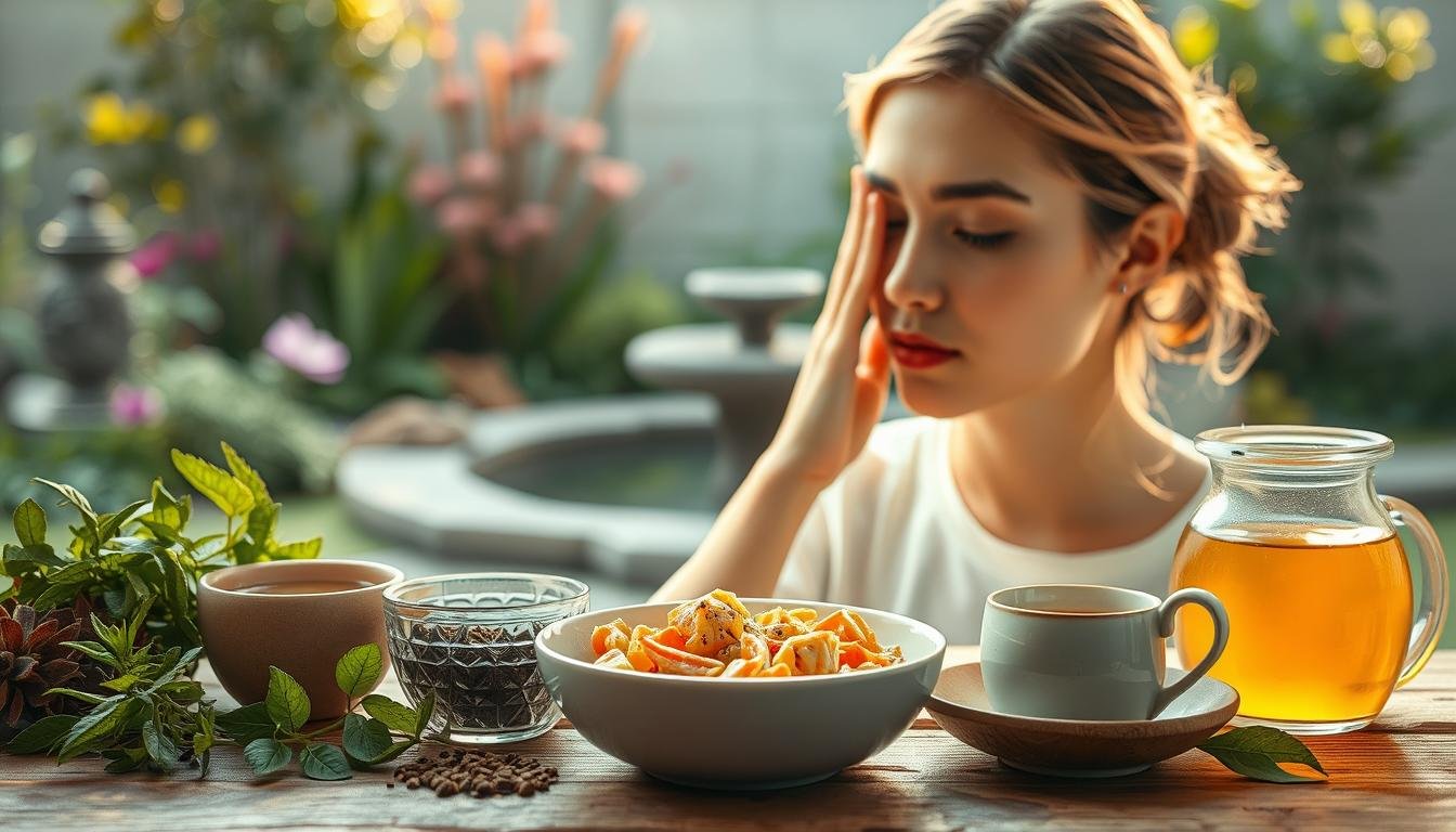 A serene, softly-lit scene depicting the natural remedies for delaying the emergence of wooden puppet patterns on the face. In the foreground, a selection of soothing herbal teas and healthy dishes, their aromas wafting through the air. The middle ground features a person gently massaging their face, as if coaxing the skin to maintain its youthful elasticity. In the background, a peaceful garden setting with lush greenery and a calming water feature, symbolizing the restorative power of nature. The lighting is warm and diffused, casting a tranquil glow over the entire composition. An image that conveys the importance of nourishing the body and mind to delay the visible signs of aging.