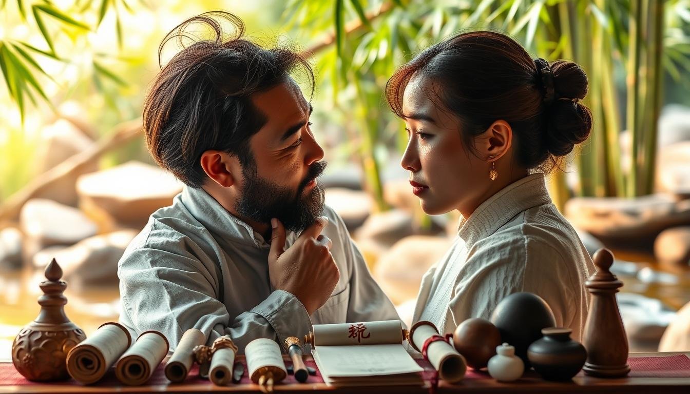 A serene traditional Chinese face reading scene, featuring a professional face reader examining a person's facial features against a backdrop of calming natural elements. Soft, warm lighting illuminates the scene, creating a contemplative atmosphere. The face reader is shown intently studying the subject's face, with a thoughtful expression, offering insights and guidance. In the foreground, various face reading tools and scrolls are carefully arranged, suggesting an air of expertise and wisdom. The background showcases a tranquil garden setting, with bamboo, rocks, and flowing water, conveying a sense of harmony and balance. The overall composition emphasizes the importance of understanding and improving one's facial features for a more auspicious life path.