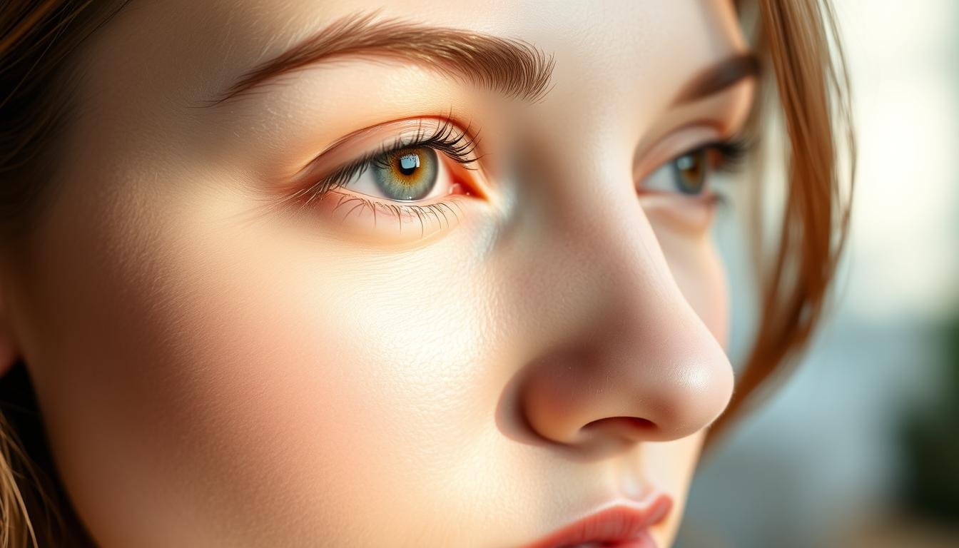 A serene, well-lit close-up of a woman's face, highlighting the delicate eye area. Soft, diffused lighting from the left side illuminates the skin, emphasizing the smoothness and youthful texture. The focus is on the under-eye region, with a subtle, natural-looking eye bag visible, but not pronounced. The background is blurred, placing all attention on the subject's face and eyes. The overall mood is calming and inviting, encouraging the viewer to consider the importance of daily eye care and prevention of eye bags.