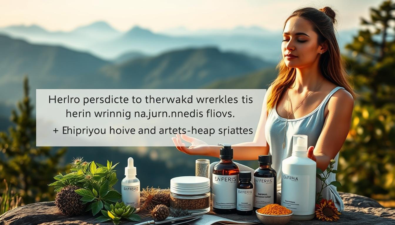 A serene, well-lit scene showcasing a woman meditating on a tranquil mountain top, surrounded by lush greenery and a clear sky. The woman is seated in a lotus position, her eyes closed, her hands resting gently on her lap. Soft, warm lighting illuminates her face, highlighting her peaceful expression. In the foreground, a variety of herbal remedies and skincare products are arranged, suggesting natural methods for improving the appearance of forehead wrinkles. The background features a panoramic view of the mountains, conveying a sense of harmony and balance. The overall atmosphere is calming and inspirational, inviting the viewer to consider natural, holistic approaches to skin rejuvenation.