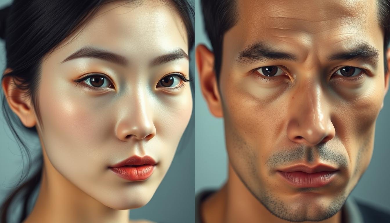 A side-by-side comparison of Asian and Western facial aesthetics. In the foreground, a serene Asian face with delicate, refined features - high cheekbones, a slight upturned nose, and almond-shaped eyes. In the background, a Western face with stronger, more angular contours - a prominent, straight nose, deep-set eyes, and defined jawline. The lighting is soft and diffused, emphasizing the subtle differences in bone structure and proportions. The mood is one of quiet contemplation, inviting the viewer to appreciate the unique beauty in both Eastern and Western physiognomy.