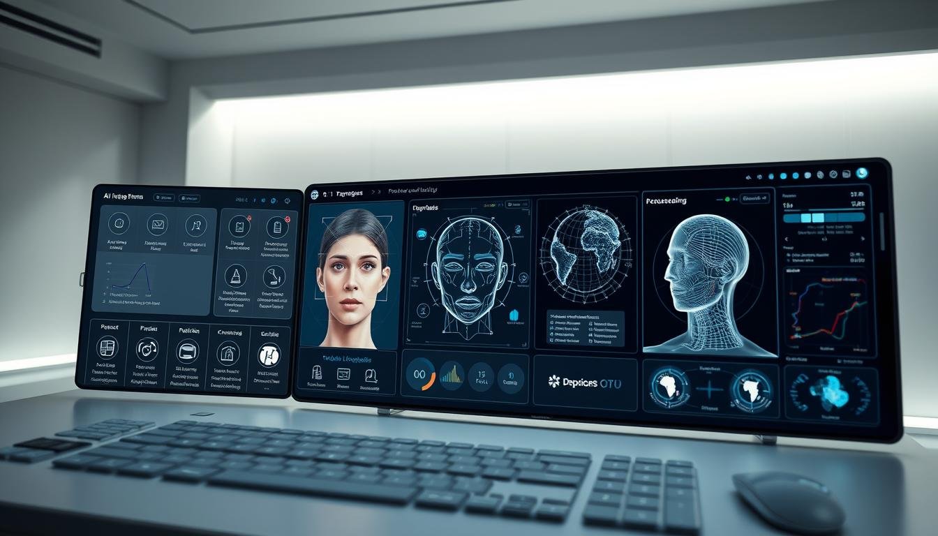 A sleek and modern-looking interface with various AI-powered analysis tools prominently displayed. The foreground features an array of intuitive icons and buttons, suggesting a user-friendly experience for face reading and personality analysis. The middle ground showcases detailed facial profiles and insightful visualizations, hinting at the depth and accuracy of the AI's assessments. The background has a subtle, tech-inspired aesthetic with clean lines, muted colors, and subtle patterns, creating an air of professionalism and sophistication. Soft, directional lighting illuminates the scene, emphasizing the clarity and precision of the AI-driven features. Overall, the image conveys the advanced, multifaceted capabilities of the AI system in an approachable and visually appealing manner. A sleek and modern-looking interface with various AI-powered analysis tools prominently displayed. The foreground features an array of intuitive icons and buttons, suggesting a user-friendly experience for face reading and personality analysis. The middle ground showcases detailed facial profiles and insightful visualizations, hinting at the depth and accuracy of the AI's assessments. The background has a subtle, tech-inspired aesthetic with clean lines, muted colors, and subtle patterns, creating an air of professionalism and sophistication. Soft, directional lighting illuminates the scene, emphasizing the clarity and precision of the AI-driven features. Overall, the image conveys the advanced, multifaceted capabilities of the AI system in an approachable and visually appealing manner.