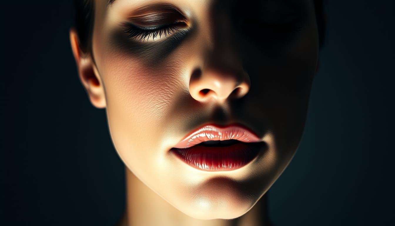 A sleek, modern interpretation of physiognomy study, featuring a close-up view of a serene, contemplative face in dramatic lighting. The subject's thick, expressive lips are the focal point, symbolizing the profound insights and insights that can be gleaned from the study of facial features. The background is a muted, minimalist palette, allowing the face to stand out in sharp relief. The overall atmosphere is one of introspection and discovery, inviting the viewer to delve deeper into the nuances of this ancient art form as it applies to the modern world.