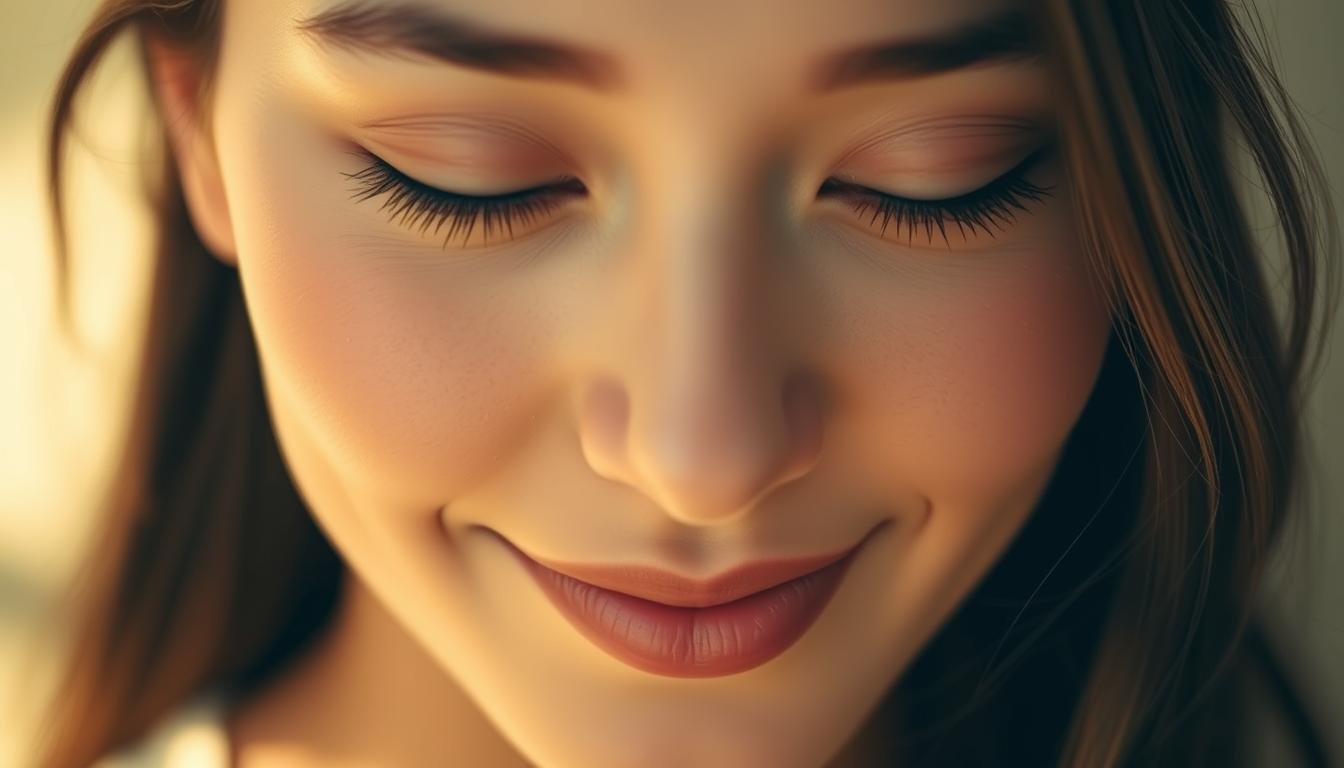 A softly lit close-up of a woman's face, with a delicate crescent-shaped smile gracing her gentle features. The luminous, almond-shaped eyes are hooded with a serene, tranquil gaze, conveying a sense of wisdom and inner peace. The skin is smooth and radiant, with a subtle dewiness that suggests a youthful, healthy complexion. The lighting is warm and diffuse, creating an aura of tranquility and feminine grace around the subject. The composition is centered, allowing the viewer to focus on the captivating expression and the profound, insightful nature it suggests.