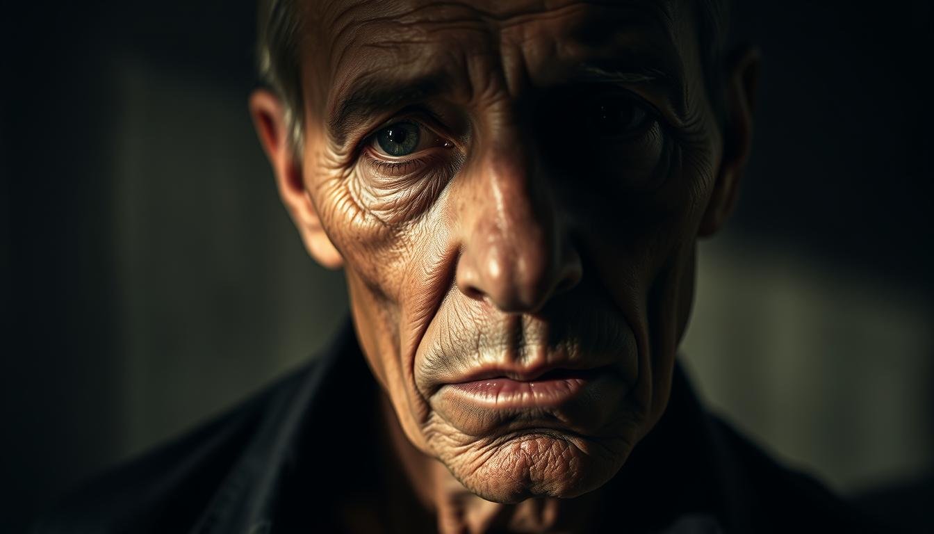 A somber, introspective portrait of a person with hollow, sunken cheeks. Dramatic lighting casts shadows, highlighting the distinctive facial features. The subject's expression is pensive, as if contemplating their destiny. The background is a muted, neutral tone, drawing focus to the pensive, weathered face. Subtle textures and details in the skin convey a sense of age and experience. The overall mood is one of thoughtful introspection, inviting the viewer to examine the implications of sunken cheeks and the profound impact on one's fate and character.