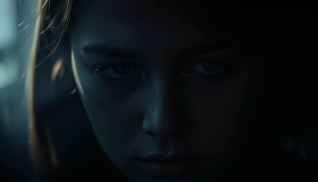 A somber, introspective scene depicting a person's sunken eyes, a window into their emotional state. The face is partially obscured in dramatic chiaroscuro lighting, casting deep shadows that convey a sense of vulnerability and inner turmoil. The eyes appear heavy-lidded, with a distant, melancholic gaze. The surrounding environment is hazy and indistinct, placing the focus squarely on the expressive face and the emotional resonance it evokes. Subtle details like furrows in the brow and a downturned mouth hint at the subject's struggles with familial and interpersonal relationships. An intimate, psychologically evocative portrait that captures the complex interplay between one's outward appearance and their inner emotional landscape.