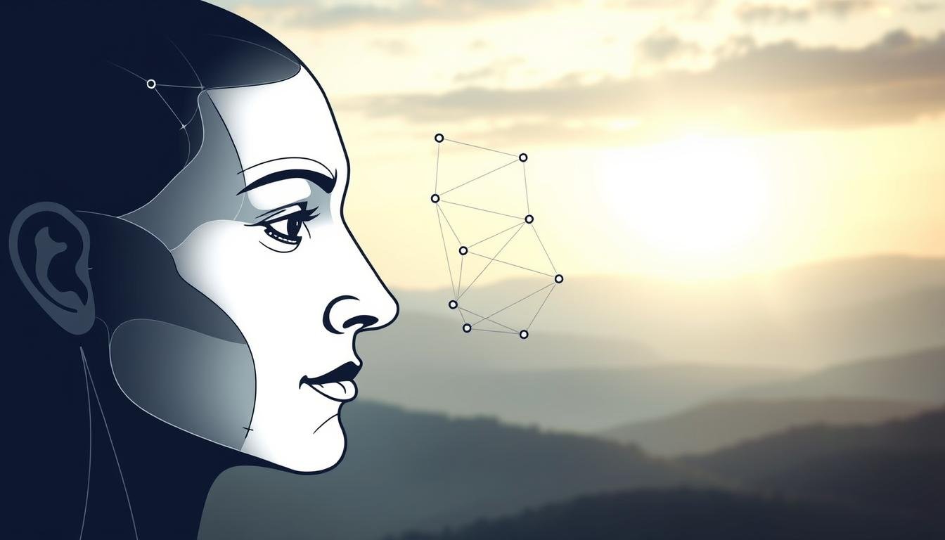 A sophisticated facial analysis diagram with a modern, minimalist aesthetic. In the foreground, a detailed illustration of a human face, featuring key facial landmarks and contours. The middle ground showcases interconnected nodes and lines, representing the intricate relationships between facial features and their metaphysical interpretations. The background is a calming, gradient-based landscape, subtly hinting at the ancient origins and timeless nature of physiognomy. Soft, directional lighting casts a contemplative glow, emphasizing the convergence of science and mysticism. The overall composition conveys a sense of balance, clarity, and the evolving understanding of this ancient art.