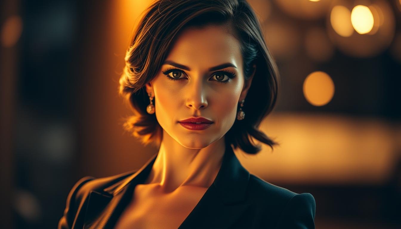 A sophisticated woman stands confidently, her gaze intense and unwavering. Elegant yet powerful, she embodies the strength and confidence of her personality. Warm lighting illuminates her features, casting a soft, introspective glow. The background blurs, focusing the viewer's attention on her poise and self-assuredness. Subtle, harmonious colors create a sense of balance and inner harmony. The overall atmosphere conveys a sense of control, resilience, and a willingness to navigate the complexities of relationships and career with grace and determination.