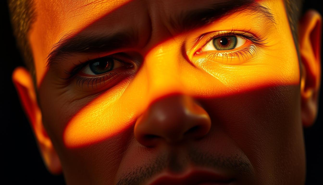 A striking close-up portrait of a face with well-defined, expressive eyebrows. The subject's eyebrow bone structure is prominently featured, with a strong, striking angle that conveys an air of authority and confidence. The lighting is dramatic, casting sharp shadows that accentuate the contours of the brow. The skin tone is warm and glowing, giving the image a sense of vitality and life. The overall mood is one of intensity and introspection, inviting the viewer to study the subject's features and ponder the insights they may reveal about the individual's character and destiny.