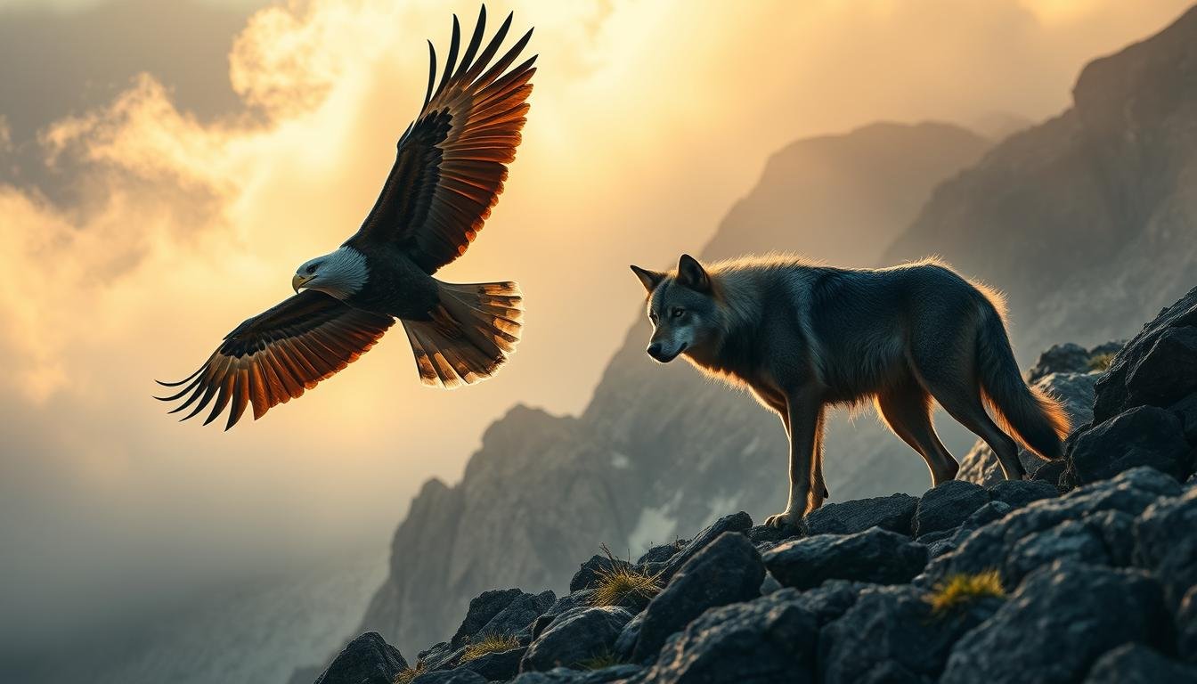 A striking eagle soaring high above, its piercing gaze scanning the rugged terrain below. Alongside, a cunning wolf prowls, its keen senses attuned to the slightest movement. The two predators, embodying the essence of "eagle-eyed" and "wolf-like" vigilance, stand as symbols of the ancient art of physiognomy. Soft, warm light filters through wispy clouds, illuminating the scene with an air of mysticism and introspection. Captured in a cinematic, high-resolution frame, this image evokes the profound wisdom and hidden insights that lie within the study of the human face.