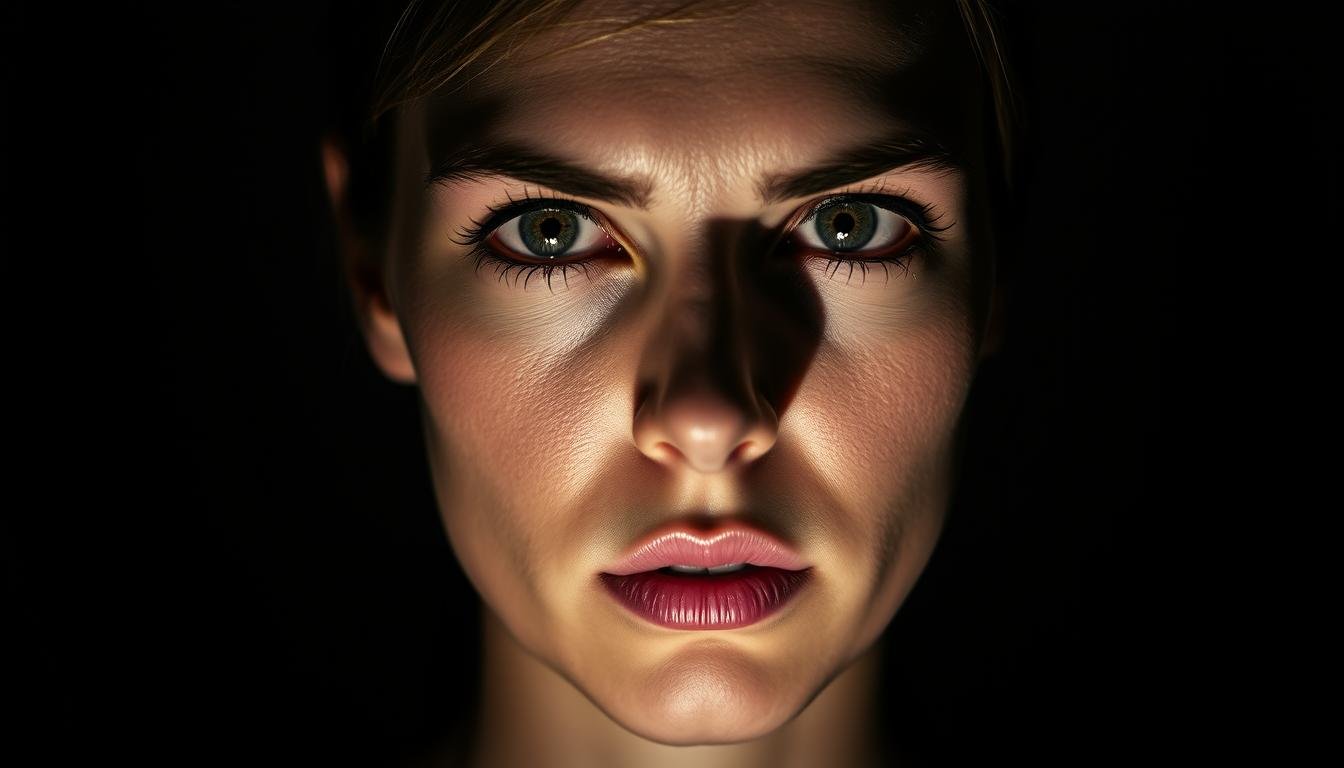 A striking, high-contrast portrait of a woman's face, illuminated from the side to accentuate the prominent horizontal lines across the bridge of her nose. The lighting is dramatic, casting dramatic shadows that reveal the depth and texture of her features. Her gaze is intense and piercing, with a hint of both strength and vulnerability in her expression. The background is muted and minimalist, allowing the focus to remain solely on the face and its distinctive nose lines. The overall tone is serious and introspective, hinting at the complex personality and duality suggested by the section title.