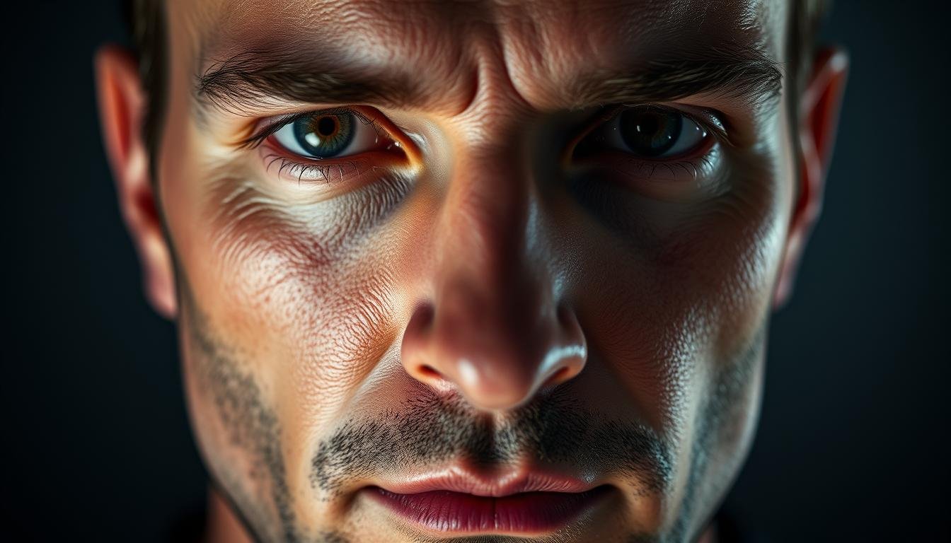 A striking portrait of a man's face, captured in crisp, high-resolution detail. The focal point is his prominent cheekbones and the subtle, tell-tale changes in skin tone around his eyes, hinting at a complex inner life. Soft, directional lighting accentuates the contours of his features, creating a sense of depth and dimension. The image is framed to draw the viewer's gaze inward, inviting close, contemplative examination. The overall mood is one of introspection and quiet intensity, reflecting the depth of character that can be revealed through the careful study of physiognomy.