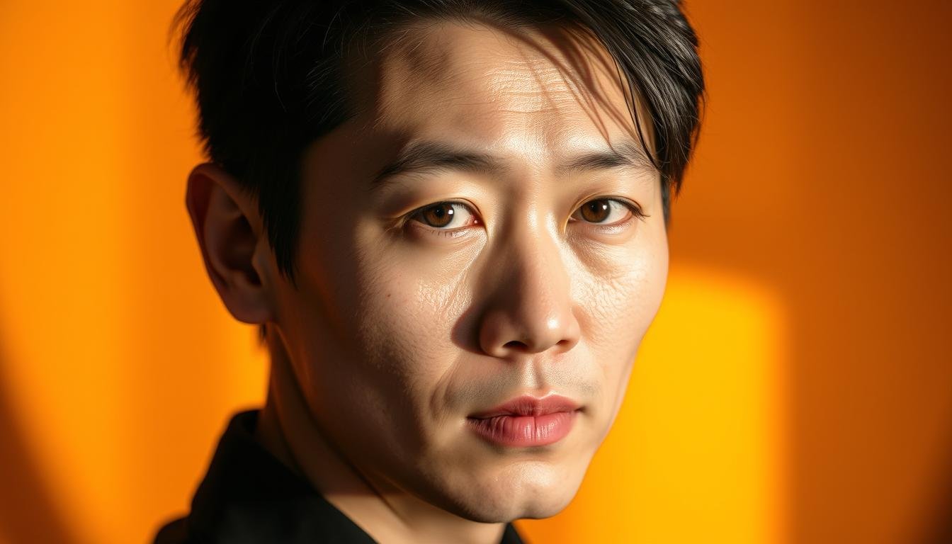 A striking portrait of a person with prominent cheekbones set against a warm, golden-hued backdrop. The subject's face is illuminated from the side, casting dramatic shadows that accentuate the angular features. The lighting is soft and diffuse, creating a sense of depth and dimension. The background is blurred, allowing the focus to remain on the captivating facial structure. The expression is serene and introspective, conveying a sense of power and authority. The overall mood is one of contemplation and self-assurance, reflecting the significance of this facial feature in Chinese physiognomy.