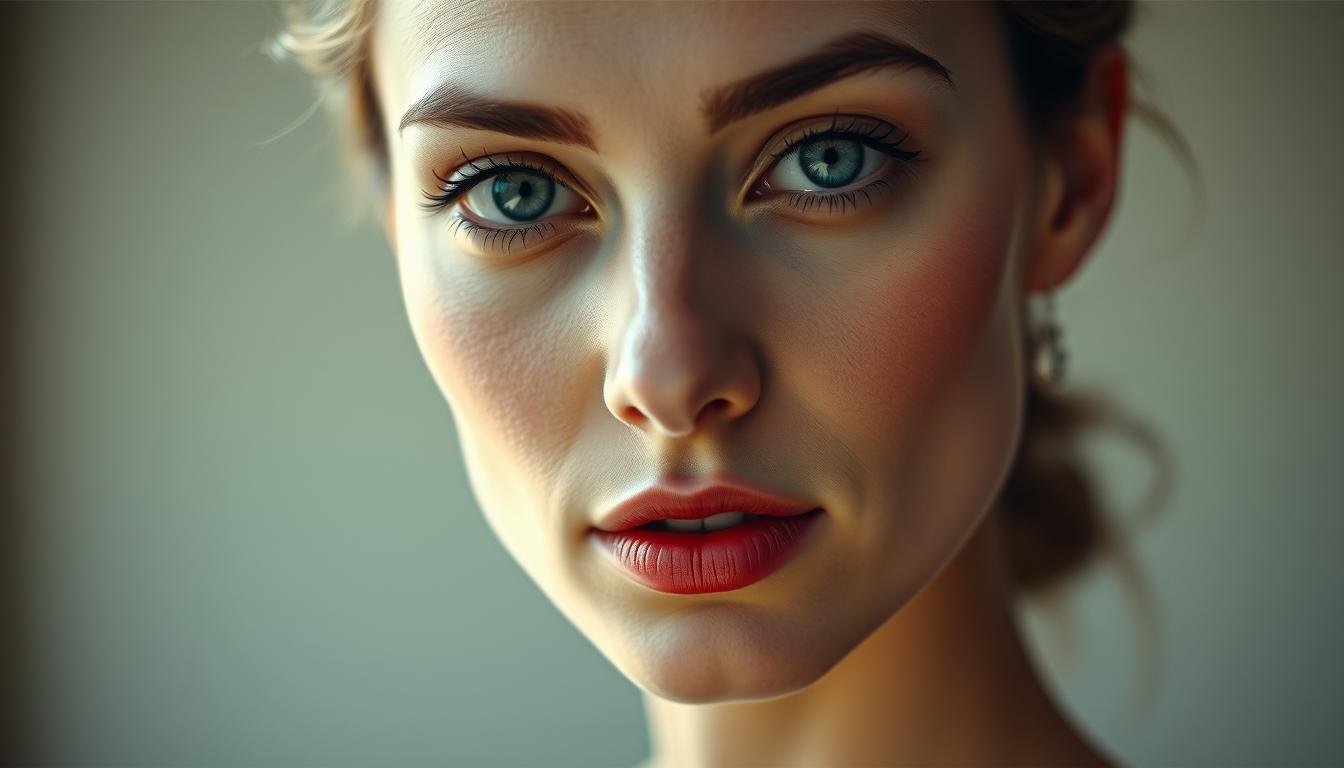 A striking portrait of a refined and elegant woman, her features exuding an air of sophistication and grace. Soft, even lighting illuminates her delicate, well-defined bone structure, high cheekbones, and a serene, regal expression. The depth of field isolates her face, drawing the viewer's eye to her piercing gaze and subtly pursed lips. Captured in a timeless, cinematic style, the image evokes a sense of timelessness and old-world charm, befitting the distinguished, "high-born" aesthetics associated with the "Aristocratic" facial features.