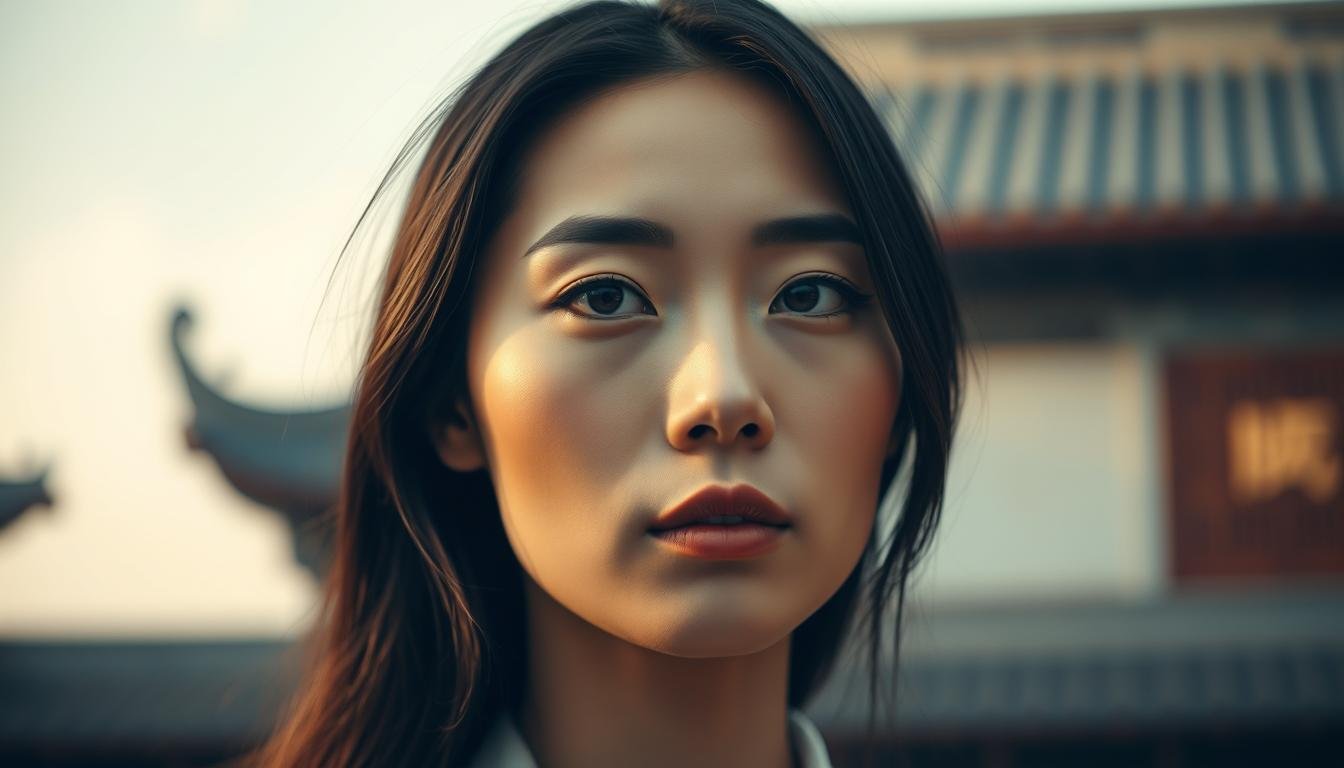 A study of physiognomy and facial features, a thoughtful exploration of the secrets to marital happiness. In the foreground, delicate lines and shadows define a serene, introspective countenance, the gaze calm and steady. The middle ground reveals a softly blurred backdrop of traditional Chinese architectural elements, hinting at the wisdom of ancient arts. Warm, diffused lighting casts a contemplative mood, while a shallow depth of field draws the viewer's attention to the central figure. Minimalist and elegant, this image captures the essence of using physiognomy as a rational guide to fulfilling relationships.