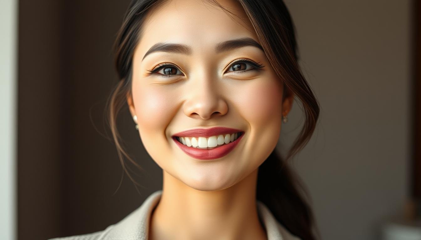 A stylish and sophisticated woman, Cai Yi-shan, stands in a chic, modern setting. Her teeth are the focal point, perfectly aligned and gleaming, subtly framed by soft, diffused lighting. The camera captures her in a three-quarter profile, emphasizing the graceful curve of her jawline and the elegant poise of her head. The background is a minimalist, neutral palette, allowing the subject's features to take center stage. The overall mood is one of refined elegance and understated confidence, reflecting the "加分學" or the art of enhancing one's appearance through strategic styling choices.