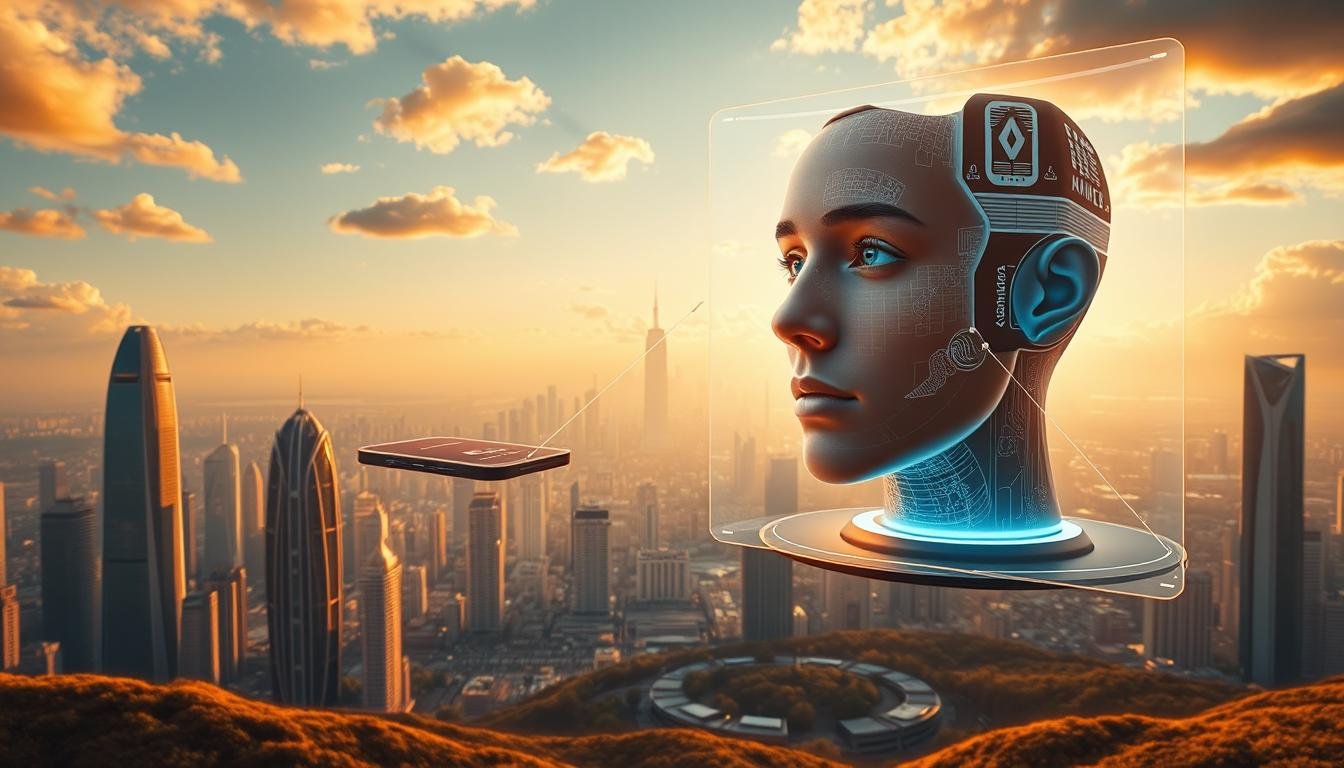 A sweeping landscape of the future, bathed in a warm, golden glow. In the foreground, a holographic display showcases a captivating facial analysis, revealing hidden insights and untapped potential. Sleek, minimalist devices float effortlessly, seamlessly integrating advanced AI and biometric sensors. The middle ground features a bustling cityscape, towering skyscrapers adorned with innovative architectural designs and glowing neon accents. In the distance, a majestic, futuristic skyline stretches out, hinting at the boundless technological advancements to come. An atmosphere of wonder, progress, and limitless possibilities permeates the scene, capturing the essence of the evolving landscape of AI-driven facial recognition and its transformative impact on our world.