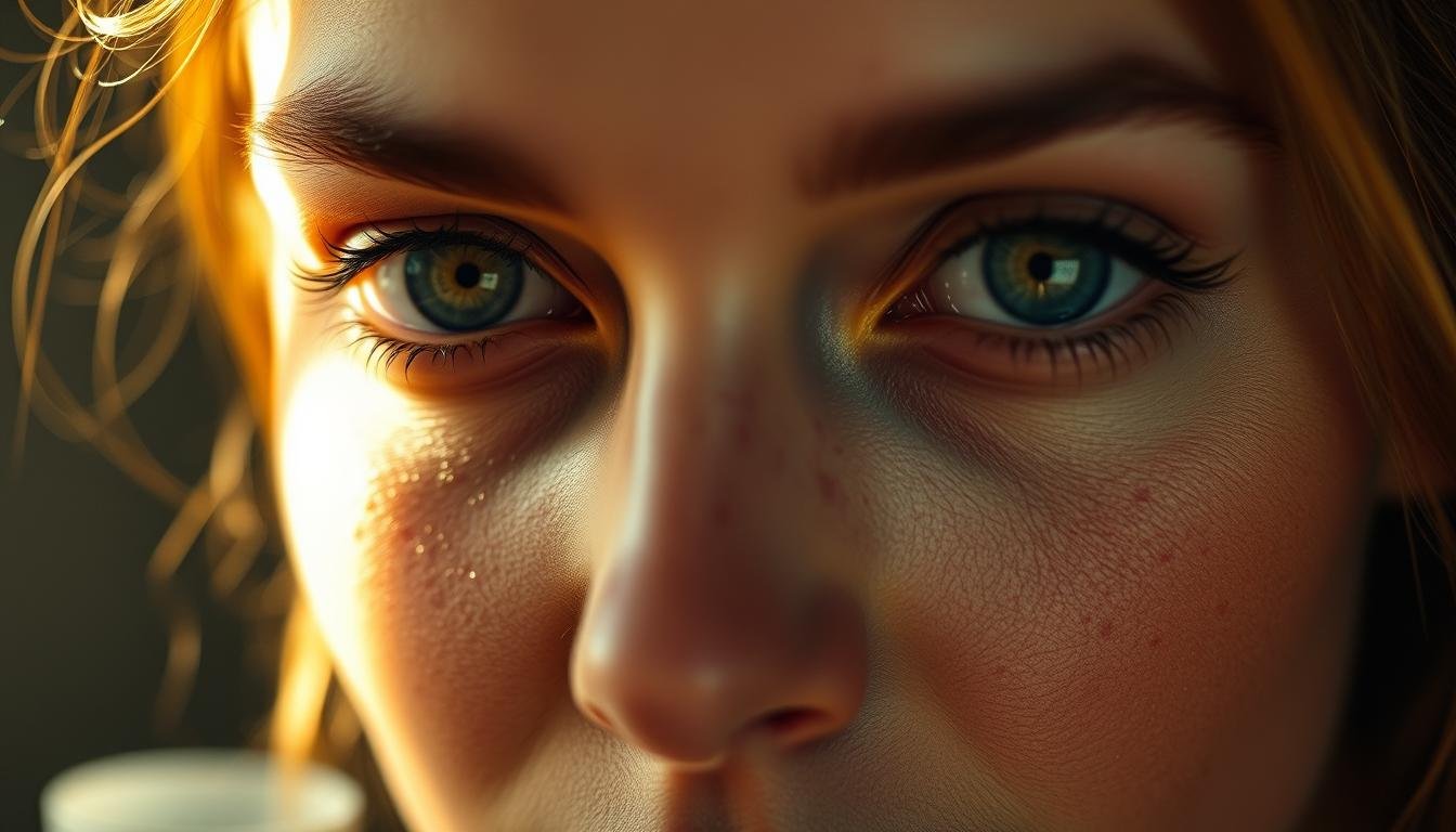 A thoughtful close-up of a female face, highlighting the intricate patterns and placements of moles and birthmarks around the eyes. Warm, ambient lighting casts a gentle, ethereal glow, drawing attention to the eyes' expressive, soulful quality. The skin appears poreless and flawless, with a subtle, luminous sheen. The composition is tightly framed, filling the frame with the subject's captivating gaze and the delicate topography of her facial features. An air of mystery and introspection pervades the scene, inviting the viewer to ponder the deeper meanings and insights that may be revealed by the placement and interpretation of these facial markings.