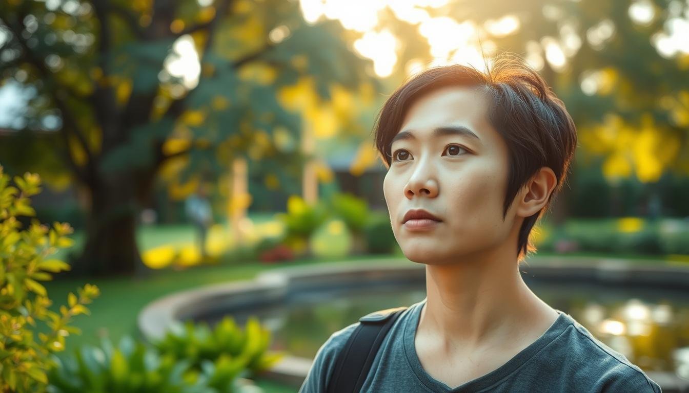 A thoughtful, introspective individual stands in a serene garden, surrounded by lush greenery and a tranquil pond. The warm, golden light filters through the trees, casting a soft glow on their face. Their expression is one of contemplation, as they ponder the intricacies of interpersonal relationships. The background is blurred, allowing the viewer to focus on the subject's face, which conveys a sense of resilience and a determination to improve their 人緣. The scene evokes a sense of personal growth and the possibility of overcoming challenges through self-awareness and purposeful actions.