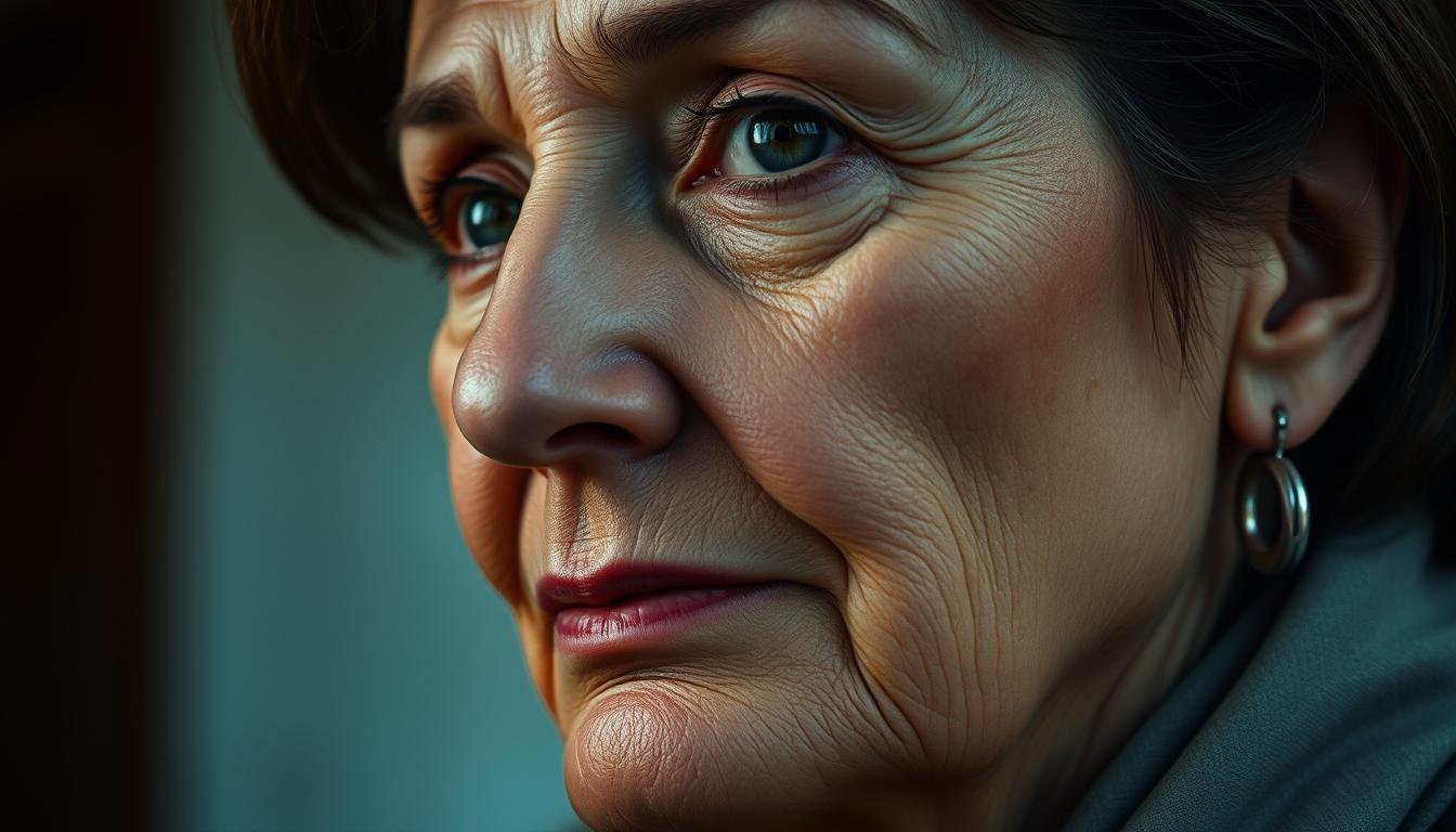 A thoughtful, middle-aged woman's face fills the frame, her chin prominent and angular, conveying a sense of determination and strength. Soft, diffused lighting from the side casts gentle shadows, highlighting the intricate details of her facial features. The background is blurred, keeping the focus on her expressive countenance. Her gaze is direct, yet serene, hinting at a lifetime of wisdom and insight. The overall mood is one of contemplation and self-assuredness, reflecting the subject matter of the article section on "下巴面相: 晚年運勢與家庭關係". A thoughtful, middle-aged woman's face fills the frame, her chin prominent and angular, conveying a sense of determination and strength. Soft, diffused lighting from the side casts gentle shadows, highlighting the intricate details of her facial features. The background is blurred, keeping the focus on her expressive countenance. Her gaze is direct, yet serene, hinting at a lifetime of wisdom and insight. The overall mood is one of contemplation and self-assuredness, reflecting the subject matter of the article section on "下巴面相: 晚年運勢與家庭關係".