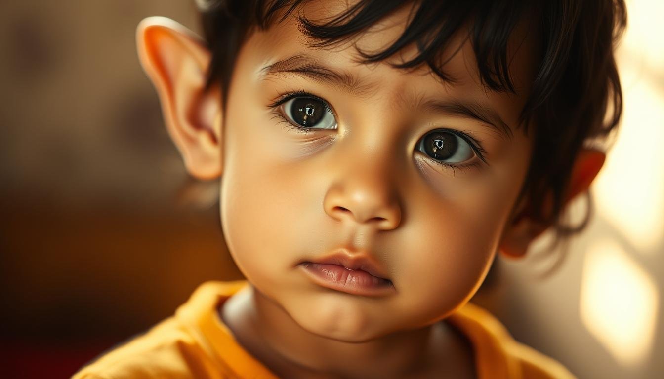 A thoughtful portrait of a young child with prominent ears, captured in a warm, natural lighting. The subject's face is rendered with delicate features and a serene expression, conveying a sense of inner contemplation. The background is softly blurred, allowing the viewer to focus on the child's captivating facial characteristics. The image evokes a sense of wonder and the early insights that can be gleaned from the ancient art of physiognomy, hinting at the child's unfolding potential and destiny.