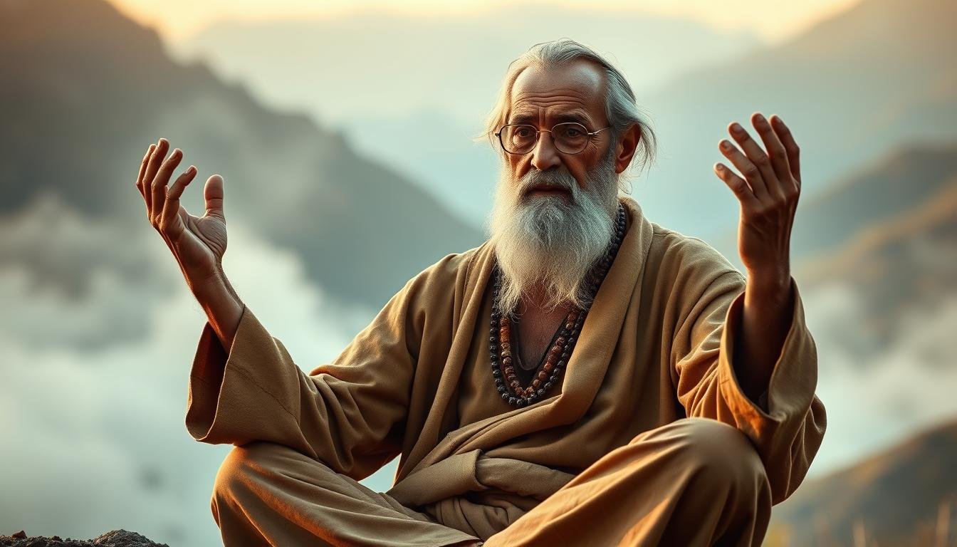 A thoughtful, serene portrait of a wise sage demonstrating the art of physiognomy. The subject sits cross-legged, hands raised in a teaching gesture, their weathered face exuding deep wisdom and insight. Warm, diffused lighting illuminates the scene, casting gentle shadows that accentuate the subject's striking facial features. The background is a tranquil, mist-shrouded landscape, hinting at the contemplative, meditative nature of this ancient practice. The composition is balanced and harmonious, drawing the viewer's attention to the serene, authoritative presence of the teacher.