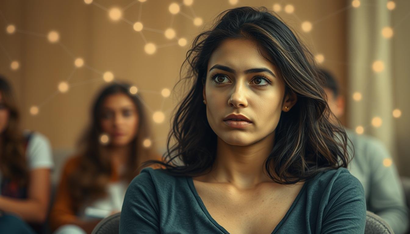 A thoughtful young woman contemplates her choices in a dynamic social circle. In the foreground, she sits centered, her brow furrowed as she weighs her options. Around her, a vibrant web of connections and influences, represented by swirling ethereal shapes and lines, pulsing with energy. The background is softly blurred, drawing focus to the woman's introspective pose. Warm, muted tones create a contemplative atmosphere, while strategic lighting highlights the subjects' features and the subtleties of her expression. The composition conveys the complex interplay of psychology, social dynamics, and the personal decision-making process inherent in the act of choosing a life partner.