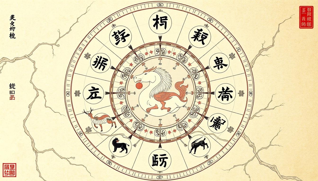 A traditional Chinese astrological composition showcasing the interplay of the twelve zodiac animals and the twelve earthly branches representing the hours of the day. Rendered in a muted, classical color palette with intricate line work and delicate textures, the central figures are depicted in a harmonious arrangement, surrounded by symbolic celestial elements and auspicious motifs. The composition exudes a sense of timeless wisdom and divination, inviting the viewer to ponder the hidden meanings and interconnectedness of one's zodiac sign and the hours of the day.