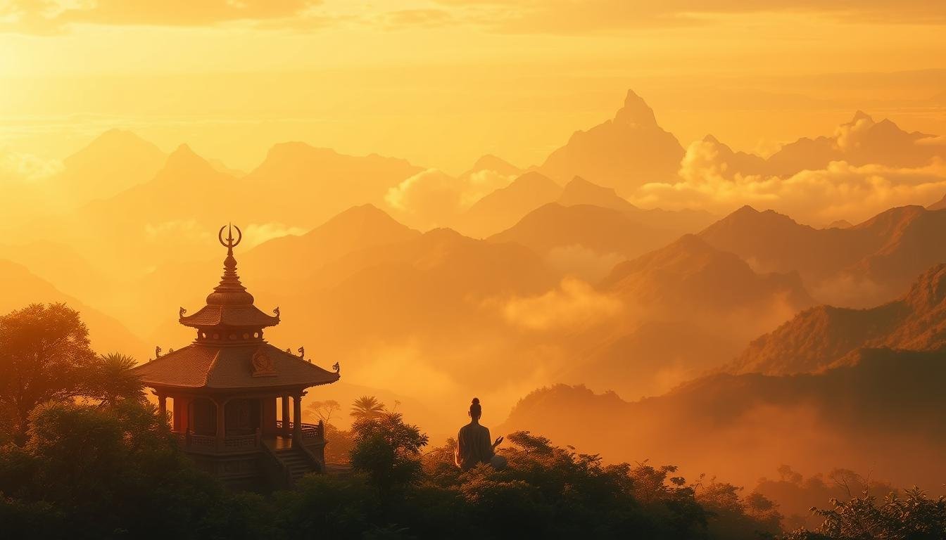 A tranquil and ethereal landscape, bathed in a warm, amber glow. In the foreground, a serene temple nestled amidst lush, verdant foliage, its ornate architecture and intricate details evoking a sense of timeless wisdom. Wisps of ethereal mist drift through the air, creating an atmosphere of mystical connection. In the middle ground, a contemplative figure sits in a meditative pose, their robes flowing gently in an unseen breeze, their gaze turned inward, seeking enlightenment. The background is a sweeping vista of towering mountains, their peaks shrouded in a veil of clouds, hinting at the boundless nature of the spiritual realm. The overall scene conveys a sense of tranquility, introspection, and the profound connection between the physical and the ethereal.