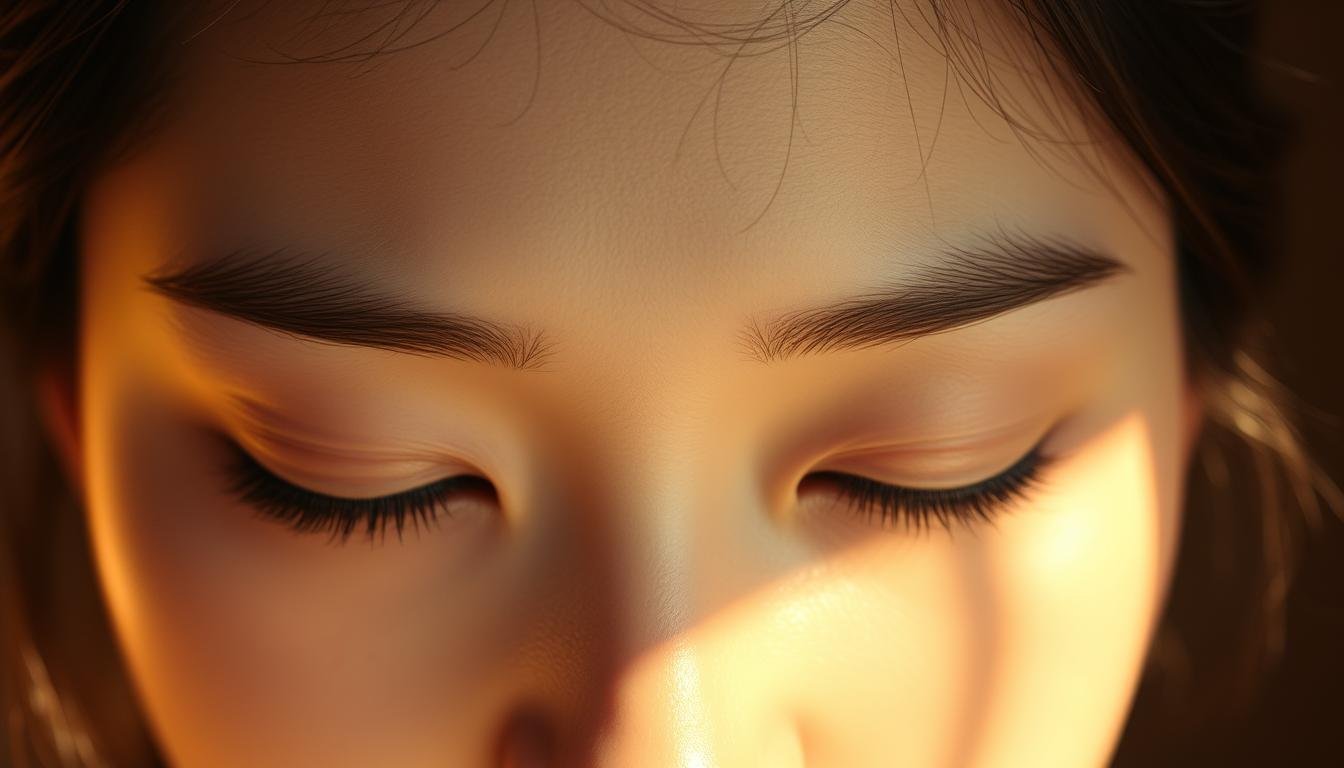 A tranquil close-up portrait of a serene, contemplative face, with gently sloping brows and softly closed eyes. The skin is luminous and youthful, emanating a sense of inner peace and cultivation. The forehead displays a delicate, subtle "sleeping silkworm" (隱隱臥蠶) formation, a revered sign of good fortune and spiritual refinement. Warm, diffused lighting caresses the features, creating a mellow, atmospheric mood. The composition is tightly framed, drawing the viewer's gaze into the introspective, soulful expression. An intimate, evocative study of the energetic and karmic resonance revealed through the eyes and facial topography.