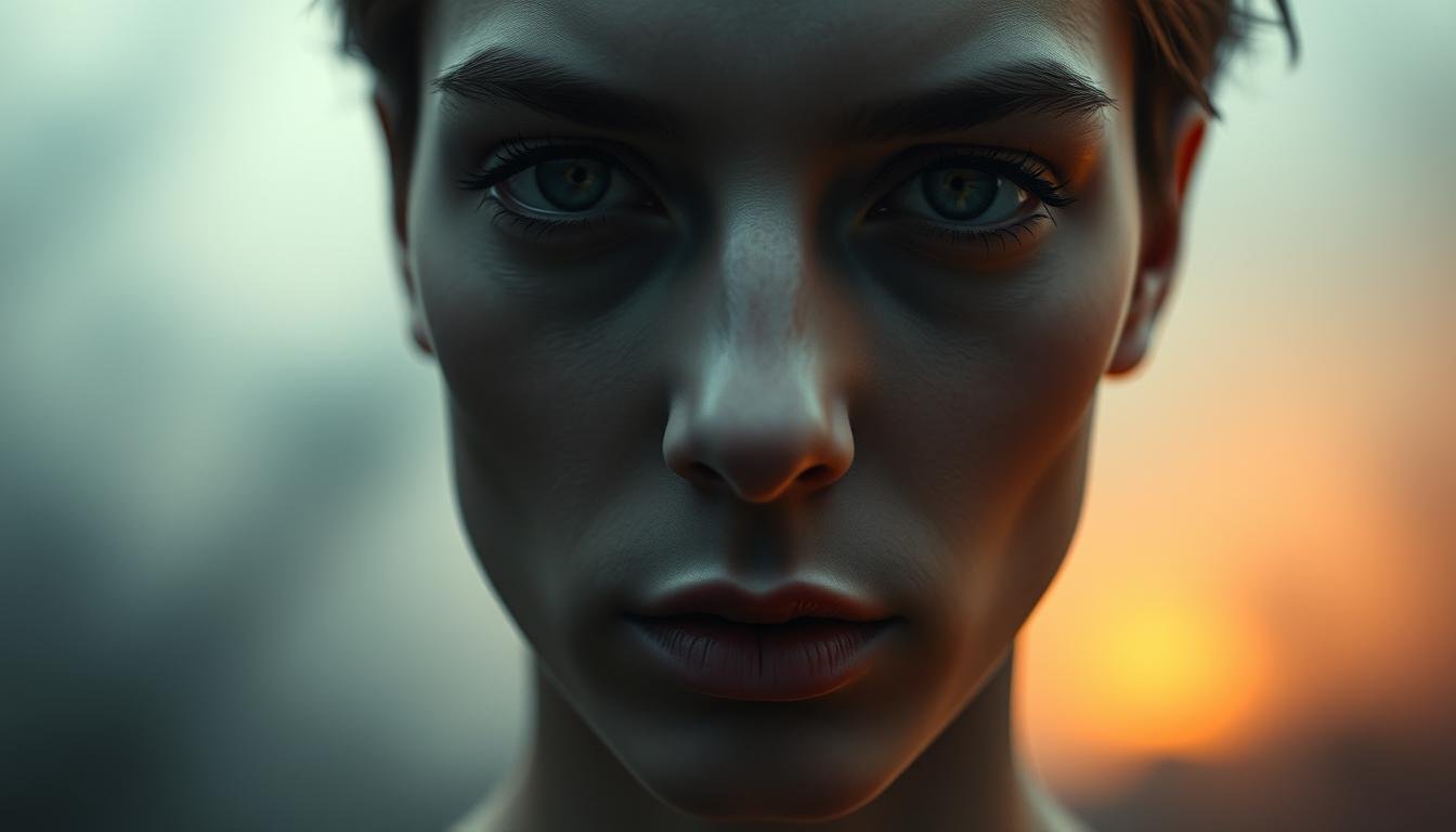 A tranquil, contemplative scene depicting the complex art of physiognomy. In the foreground, a close-up of a serene, androgynous face, with sharp, angular features and piercing eyes that seem to gaze deeply into the viewer's soul. The nose, a focal point, is prominent and distinct, hinting at the profound insights it may reveal. The lighting is soft and diffused, creating a sense of introspection and quiet curiosity. In the middle ground, a hazy, dreamlike background evokes the esoteric nature of this ancient practice, while suggesting the multifaceted perspectives that may emerge from a single physiognomic interpretation. The overall atmosphere is one of contemplation, inviting the viewer to ponder the hidden meanings and subtle nuances of the human face.