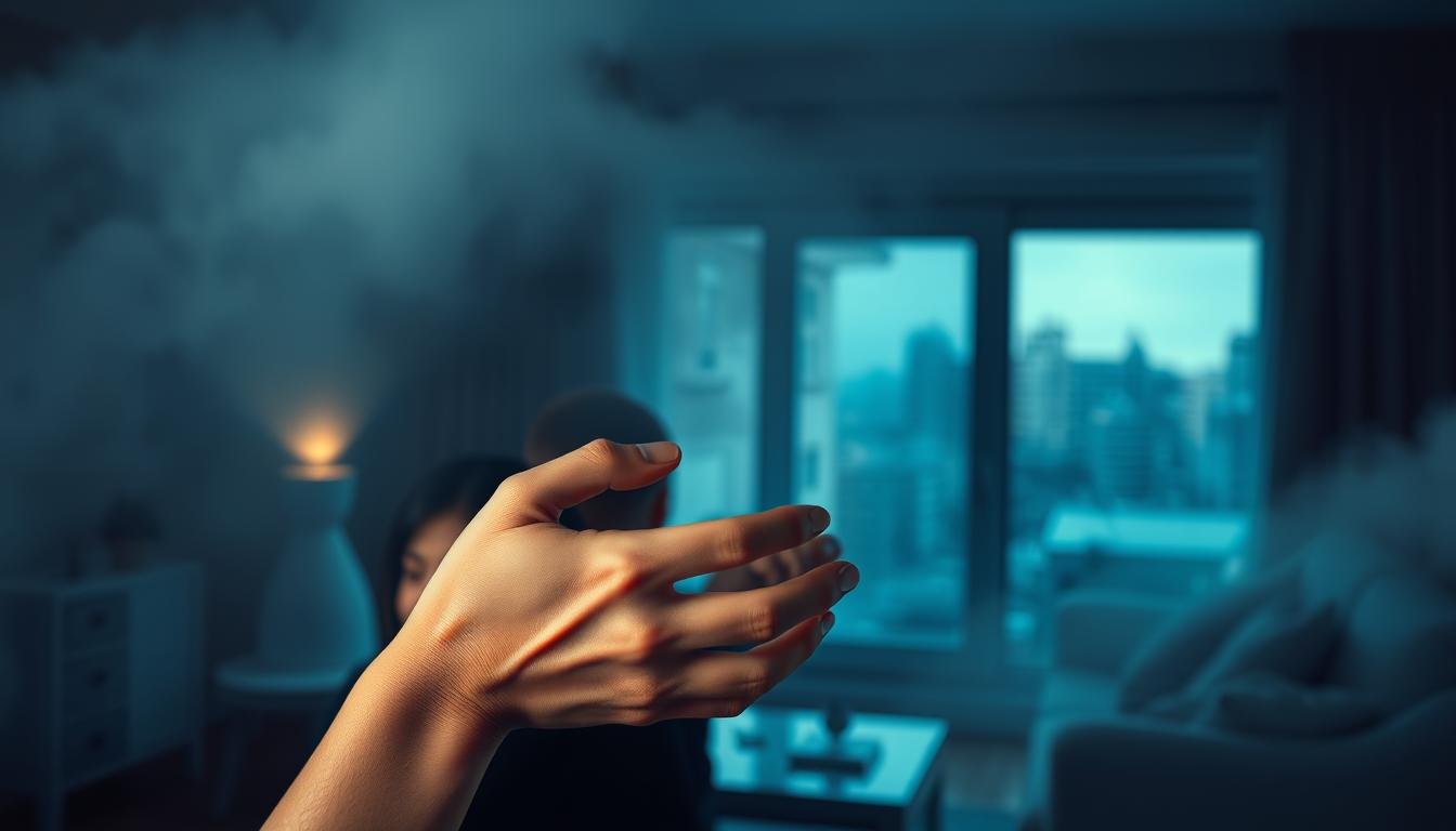 A tranquil couple's home, partially obscured by an ominous cloud-like mist. The atmosphere is pensive, with a sense of unease creeping in. In the foreground, a pair of delicate hands nervously intertwine, reflecting the strain on their relationship. The middle ground shows the couple's living room, its once warm and inviting decor now cast in a somber, blue-tinged light. In the background, the windows reveal a blurred, chaotic cityscape, hinting at the external forces encroaching on their domestic harmony. The lighting is dramatic, with soft shadows and highlights accentuating the emotional tension. The overall composition conveys a sense of vulnerability, as the couple's intimate world is disrupted by unseen, yet powerful, factors. A tranquil couple's home, partially obscured by an ominous cloud-like mist. The atmosphere is pensive, with a sense of unease creeping in. In the foreground, a pair of delicate hands nervously intertwine, reflecting the strain on their relationship. The middle ground shows the couple's living room, its once warm and inviting decor now cast in a somber, blue-tinged light. In the background, the windows reveal a blurred, chaotic cityscape, hinting at the external forces encroaching on their domestic harmony. The lighting is dramatic, with soft shadows and highlights accentuating the emotional tension. The overall composition conveys a sense of vulnerability, as the couple's intimate world is disrupted by unseen, yet powerful, factors.