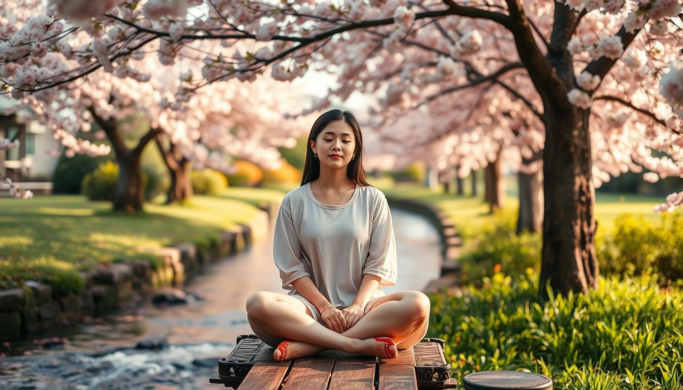 A tranquil garden setting with a gently flowing stream, pink and white cherry blossom trees in full bloom lining the banks. Soft, warm lighting filters through the petals, creating a serene and romantic atmosphere. In the foreground, a young woman sits cross-legged on a ornate wooden bench, eyes closed in contemplation, her expression peaceful and focused. The scene is captured through a medium-wide angle lens, emphasizing the harmony between the woman and her natural surroundings. Subtle hints of auspicious Chinese symbolism, such as peach blossoms and koi fish, are present to convey the theme of romantic destiny and fortune.