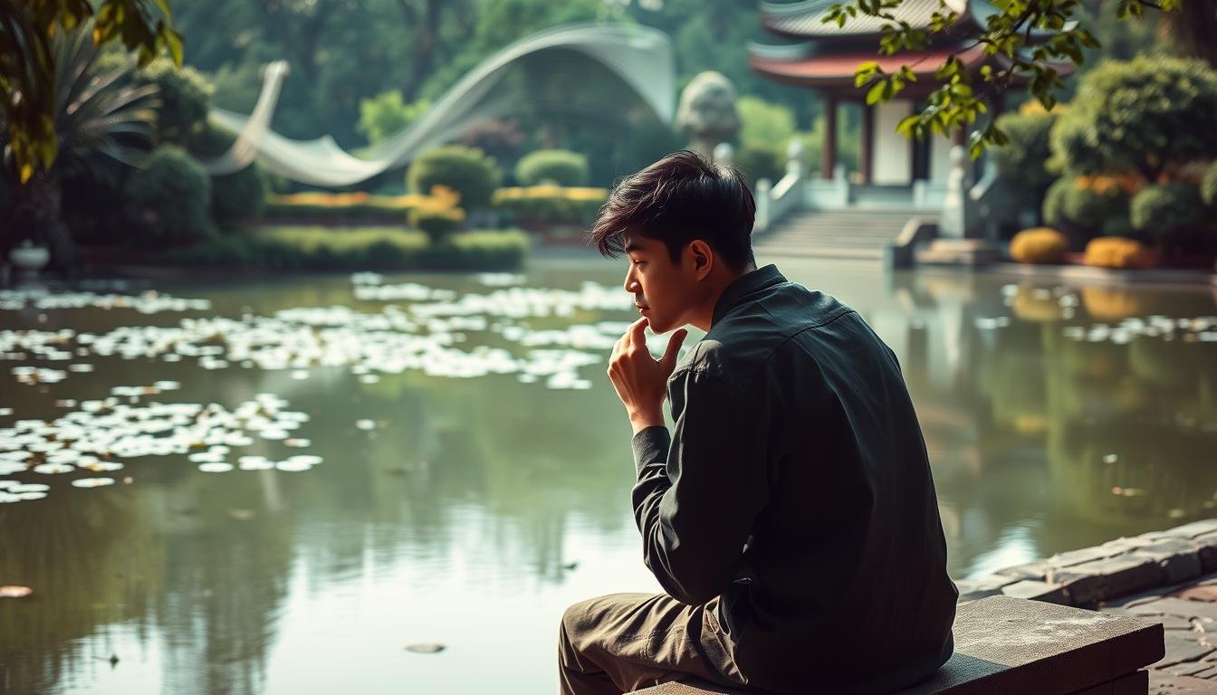 A tranquil garden setting, with a serene pond reflecting the sky. In the foreground, a thoughtful figure sits on a stone bench, their ear tilted upwards, as if listening intently to the whispers of fortune. The figure's expression is one of contemplation, their gaze directed towards the swirling wind, symbolic of the "兜風型 財運" concept. Soft, diffused lighting illuminates the scene, creating a sense of calm and introspection. The background features lush greenery and a pagoda-style structure, hinting at the harmony between nature and the pursuit of prosperity. The overall composition conveys a sense of balance and the interconnectedness of personal characteristics and financial well-being.