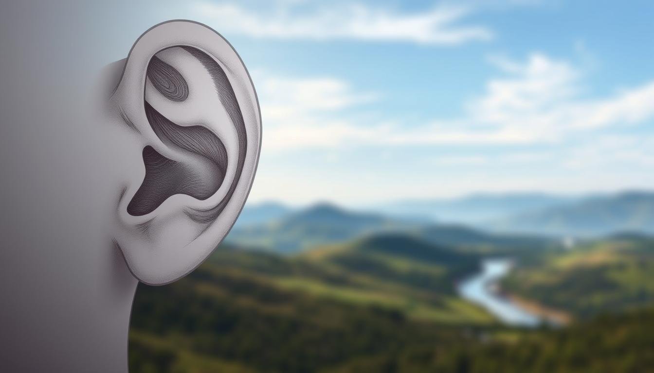 A tranquil scene depicting the connection between kidney energy and ear appearance. In the foreground, a detailed anatomical illustration of the inner ear, rendered in delicate line work and muted tones. The middle ground features a serene landscape, with rolling hills, a winding river, and a clear sky dotted with wispy clouds. The background is softly blurred, creating a sense of depth and focus on the central elements. Subtle lighting casts gentle shadows, emphasizing the organic, natural forms. The overall mood is one of introspection and harmony, inviting the viewer to contemplate the relationship between physical attributes and holistic well-being.