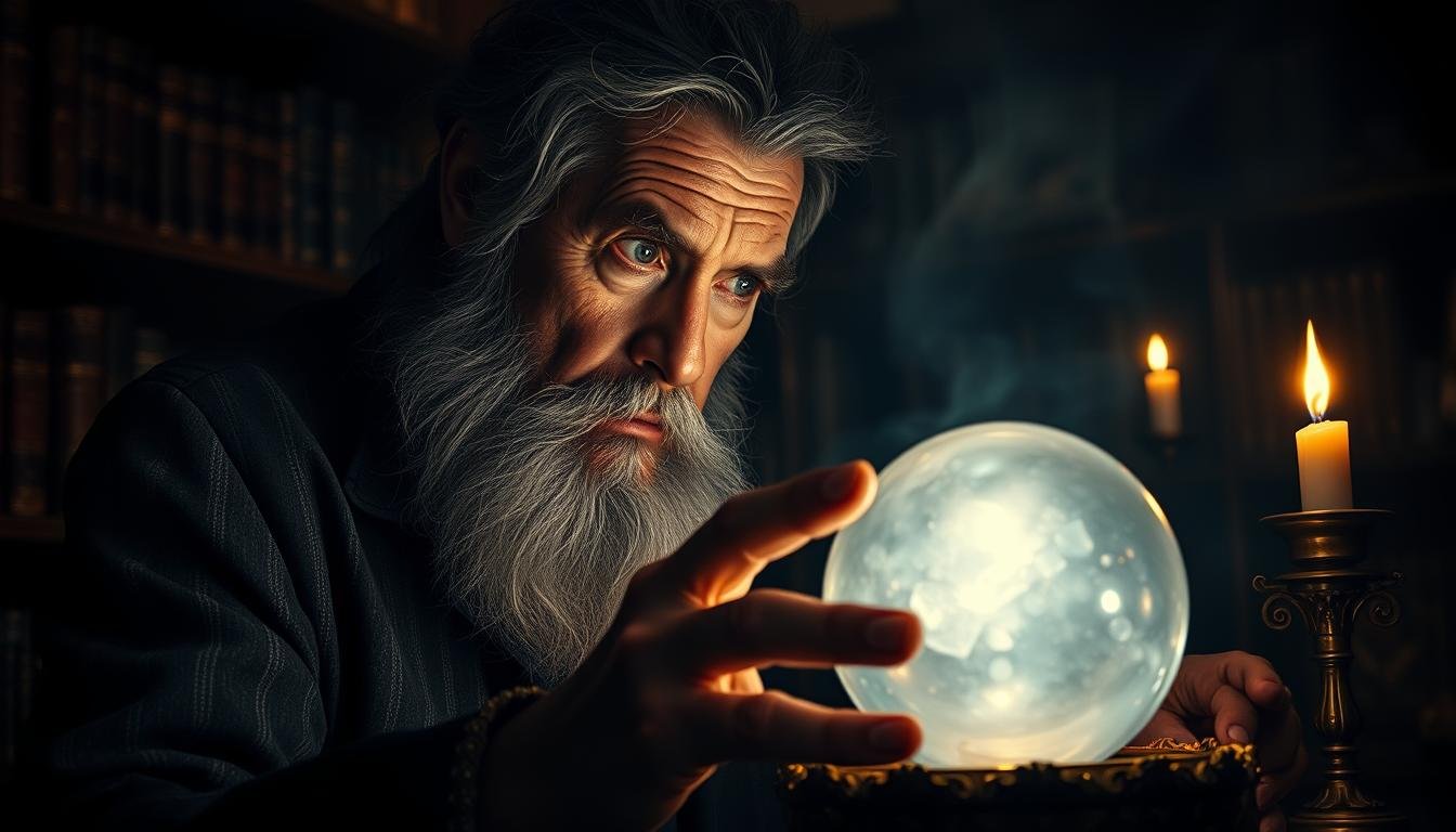 A tranquil scene of a seasoned fortune-teller gazing pensively into an ornate crystal ball, illuminated by the warm glow of candlelight. The background depicts a dimly lit study adorned with antique furnishings and shelves brimming with ancient tomes, hinting at the mystic's wealth of knowledge. Soft, diffused lighting casts dramatic shadows, creating an air of introspection and spiritual insight. The fortune-teller's weathered face reflects a lifetime of experience and intuitive understanding, as if channeling the profound wisdom of the ages. This image conveys the essence of "實例與靈驗故事分享," capturing the essence of a master practitioner sharing profound insights drawn from a lifetime of exploring the mysteries of the human condition.