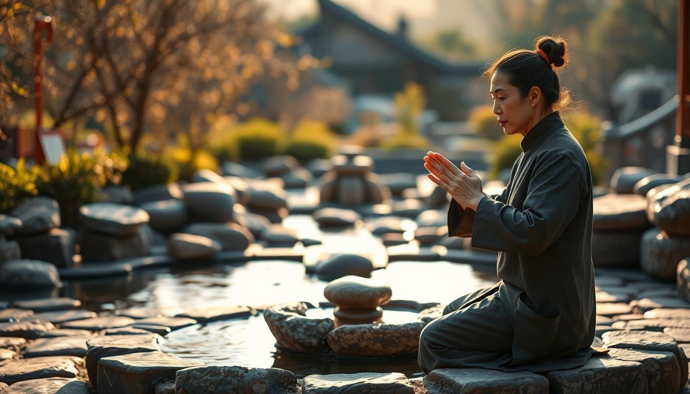 A tranquil stone garden with a serene water feature, illuminated by warm, natural lighting. In the foreground, a skilled practitioner demonstrates the art of "Jie Xian Mian Xiang" - the techniques for resolving conflict and discord through the understanding of facial features. Delicate movements and hand gestures are captured, conveying the grace and wisdom of this ancient practice. In the middle ground, a calming landscape unfolds, with carefully placed rocks and flowing water symbolizing the harmony and balance sought through this discipline. The background is a softly blurred, natural environment, evoking a sense of peaceful contemplation. The overall scene radiates a sense of mindfulness, introspection, and the power of insight to navigate social dynamics.